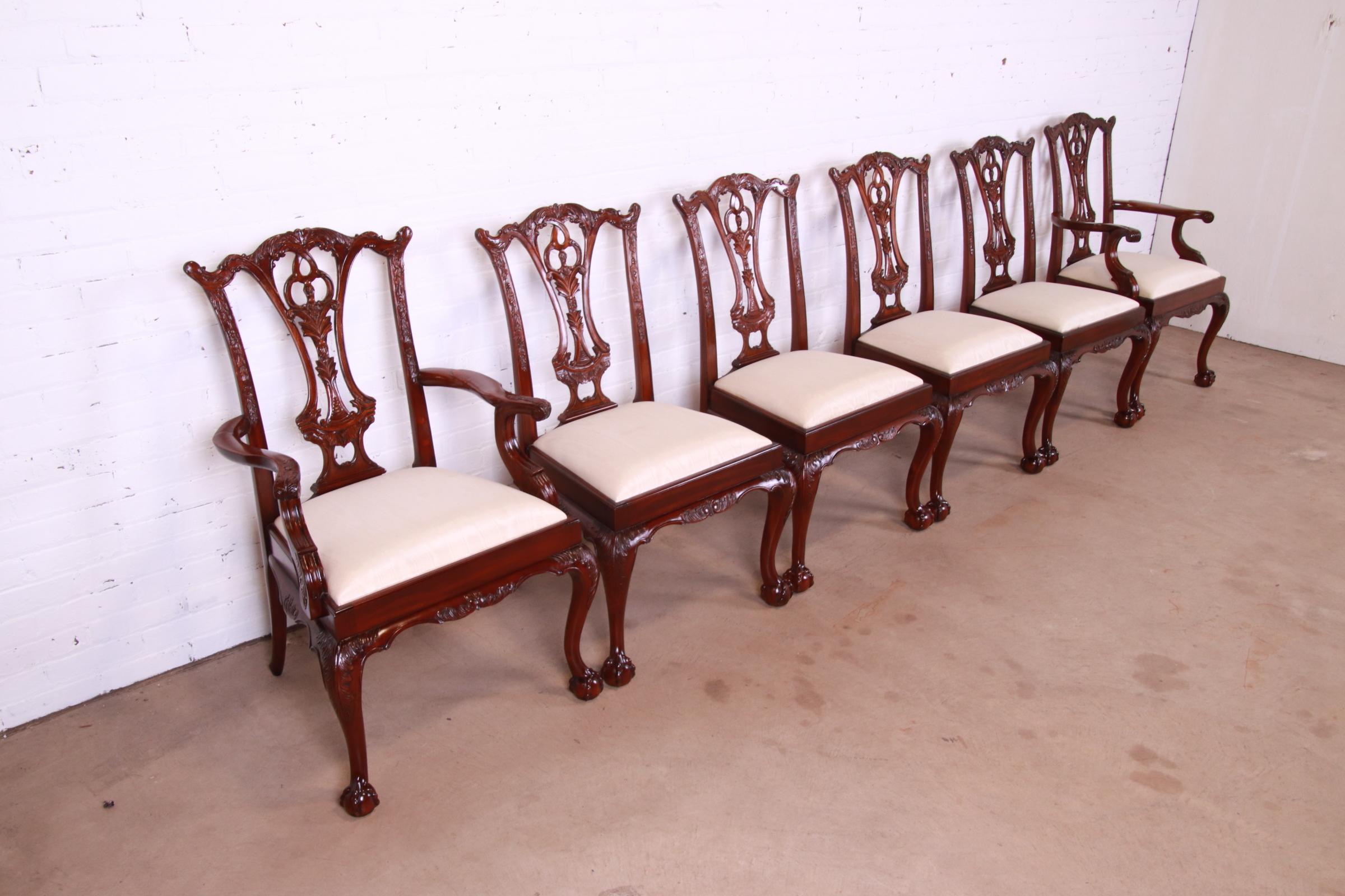 Maitland Smith Chippendale Carved Mahogany Dining Chairs, Set of Six In Good Condition For Sale In South Bend, IN