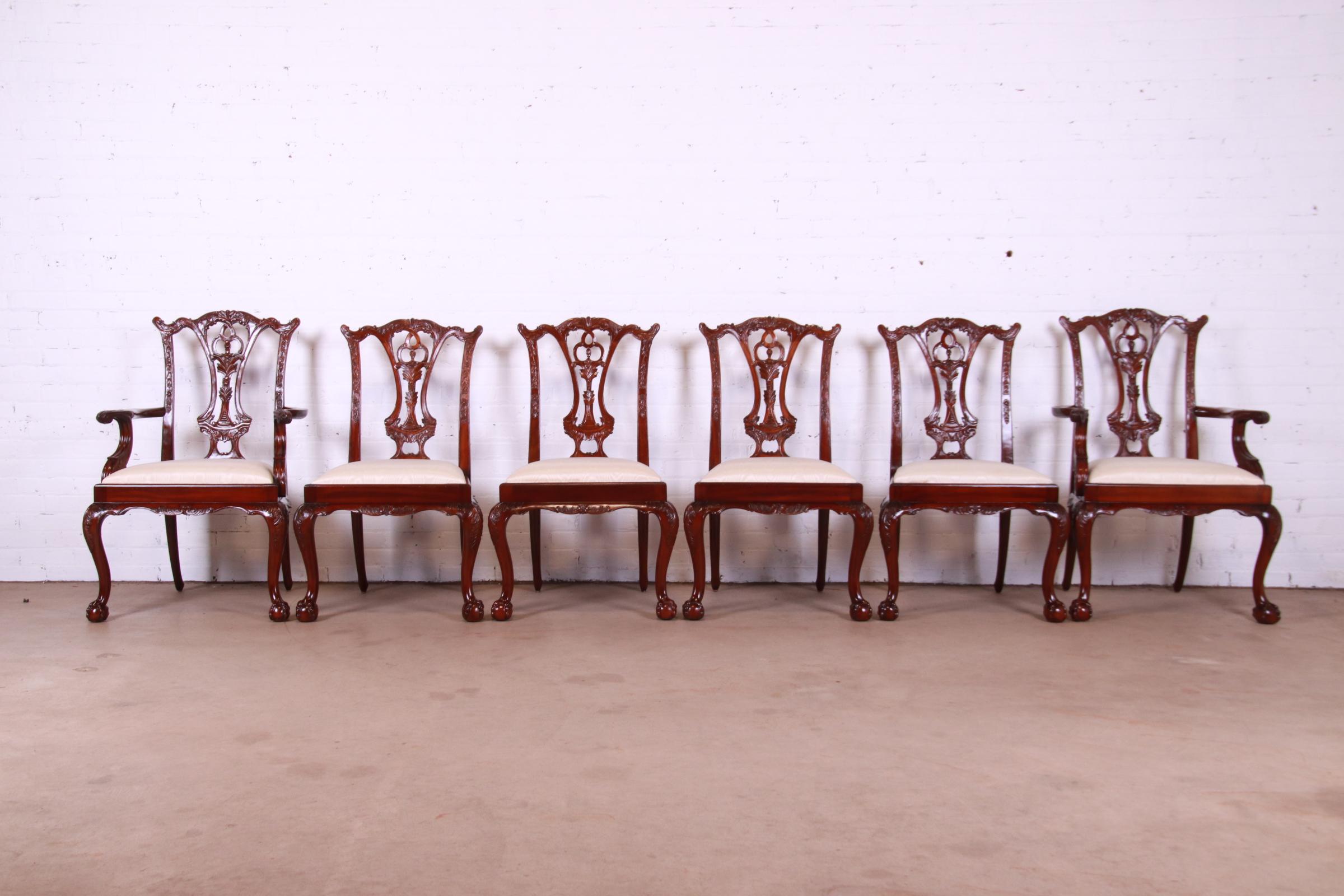 Upholstery Maitland Smith Chippendale Carved Mahogany Dining Chairs, Set of Six For Sale