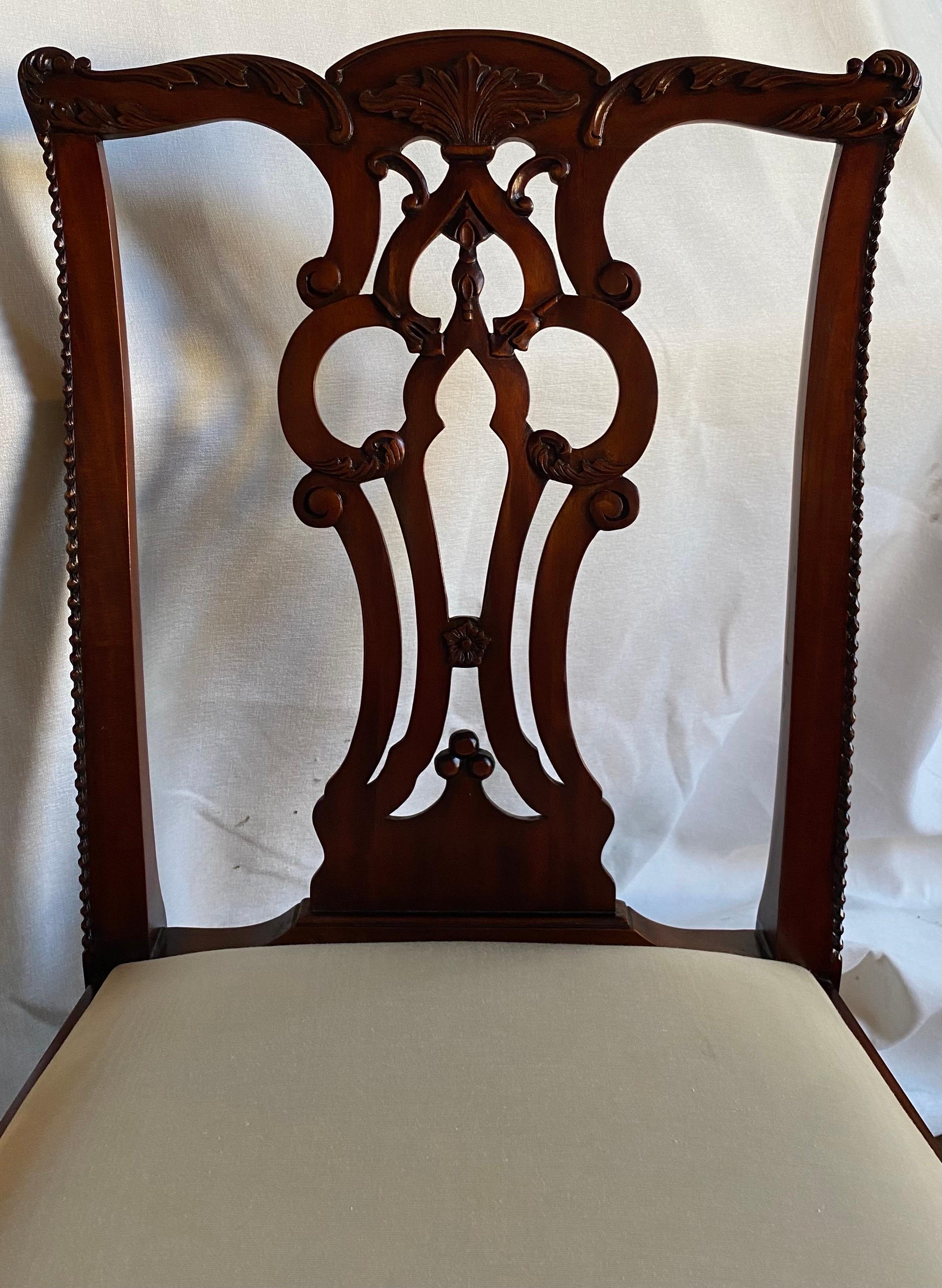 Contemporary Maitland Smith Chippendale Regency Carved Mahogany Dining Side Chairs For Sale