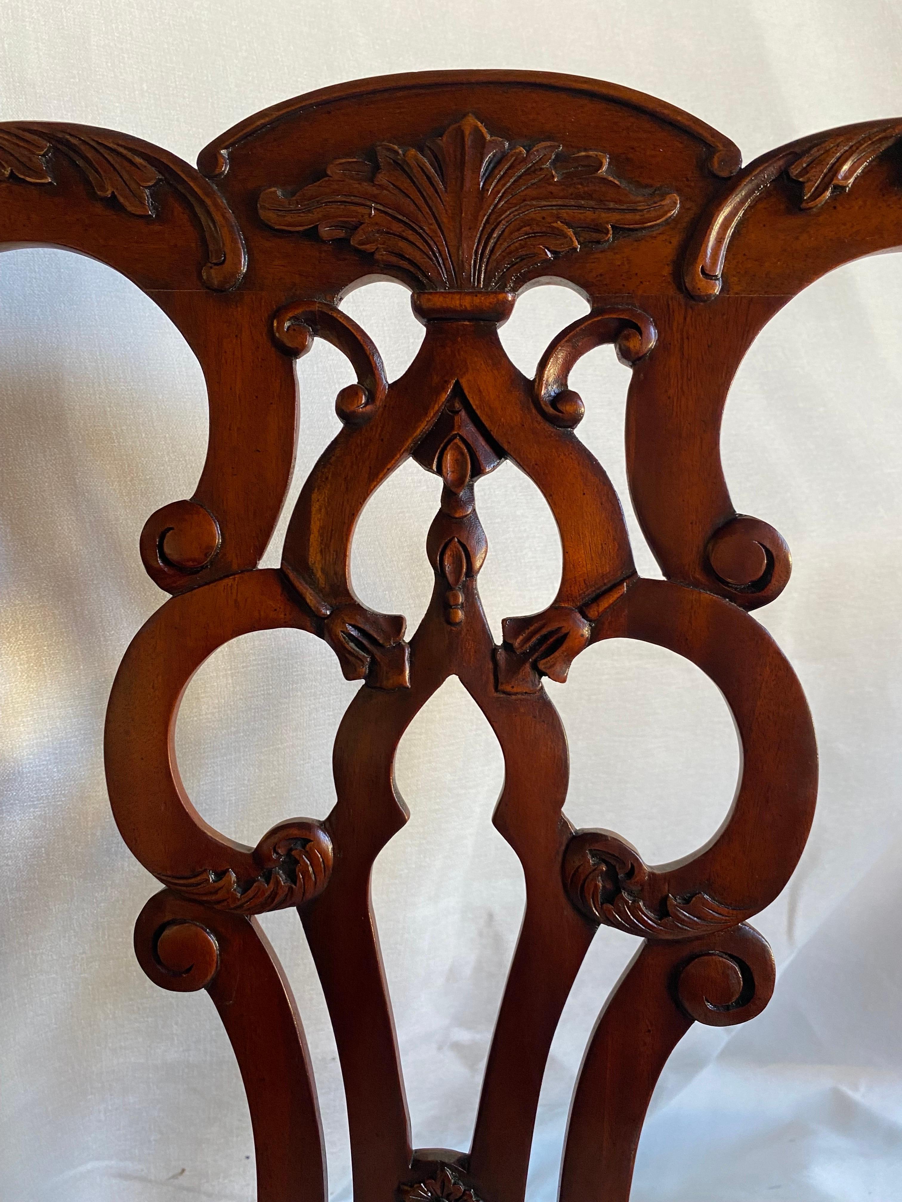 Upholstery Maitland Smith Chippendale Regency Carved Mahogany Dining Side Chairs For Sale
