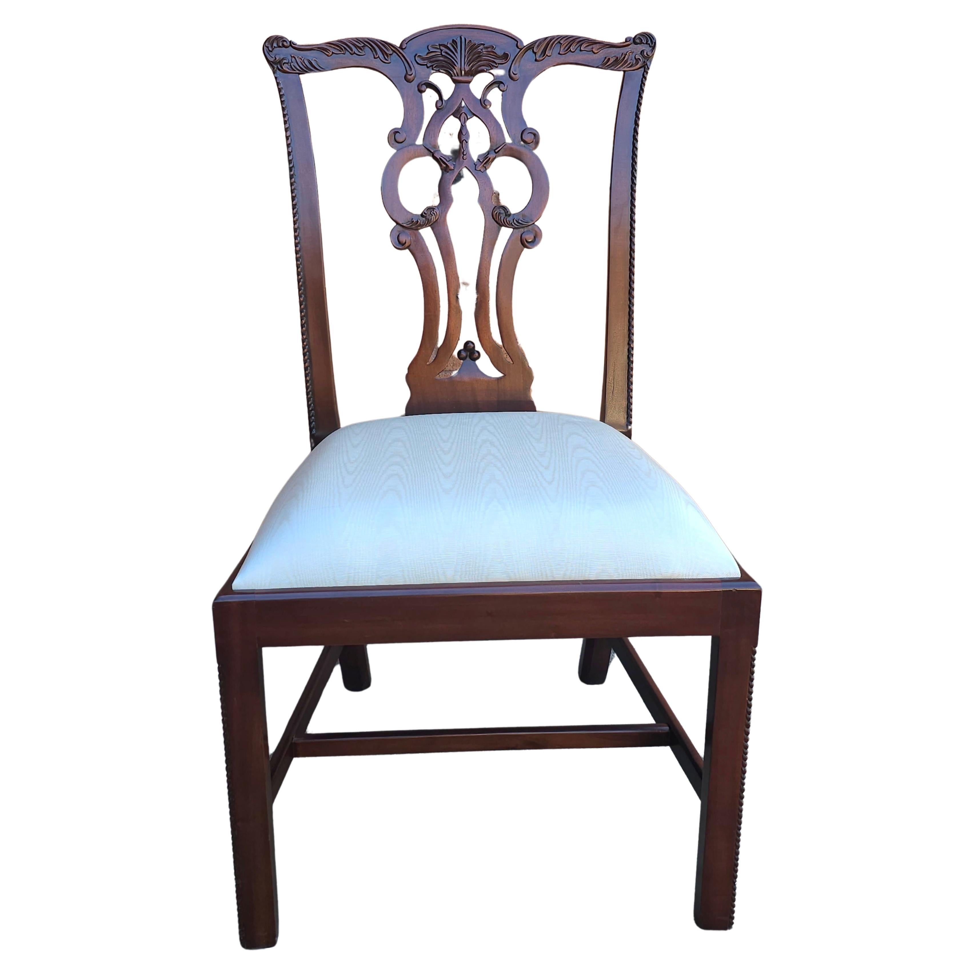 Maitland Smith Chippendale Style Carved Mahogany and Upholstered Side Chair For Sale