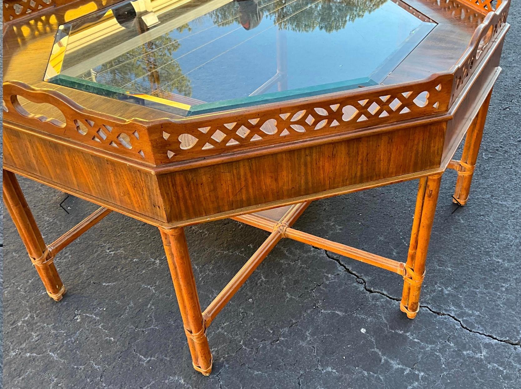Chinese Chippendale Maitland-Smith Chippendale Style Coffee Table With Fretwork And Rattan Base  For Sale