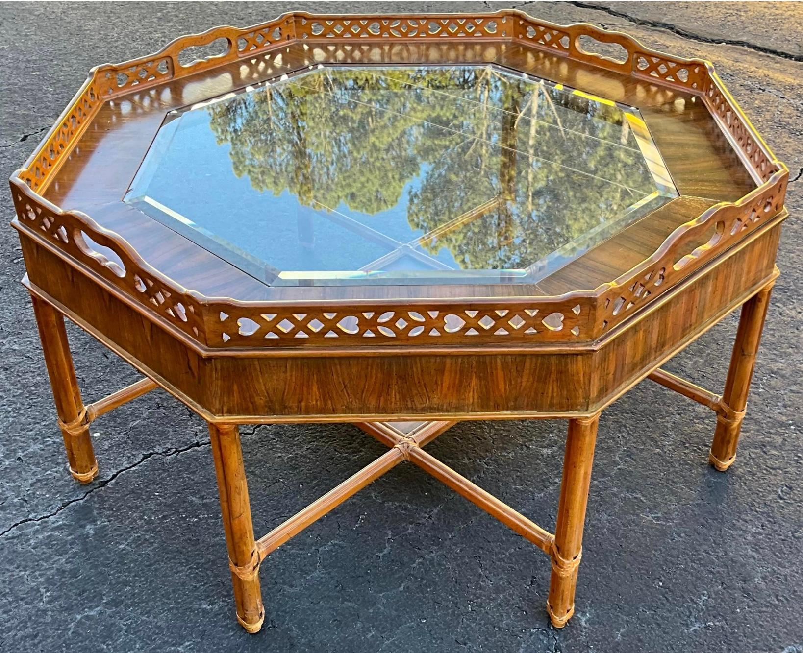 Philippine Maitland-Smith Chippendale Style Coffee Table With Fretwork And Rattan Base  For Sale