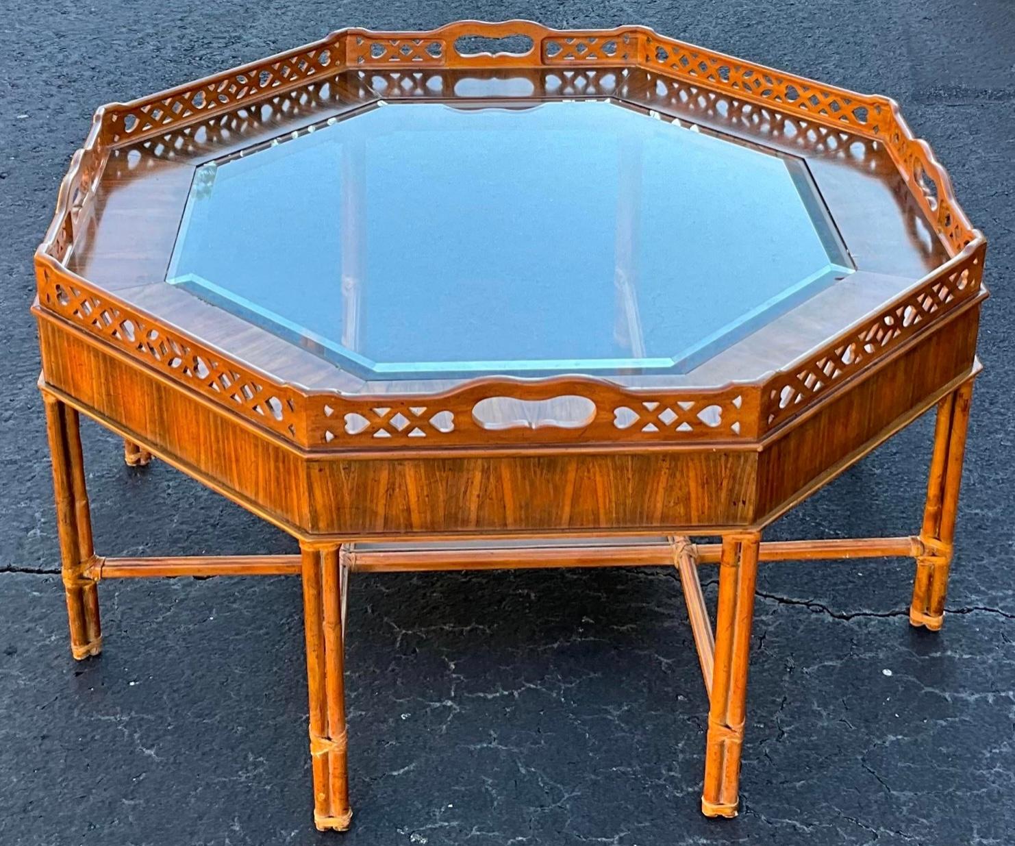 20th Century Maitland-Smith Chippendale Style Coffee Table With Fretwork And Rattan Base  For Sale