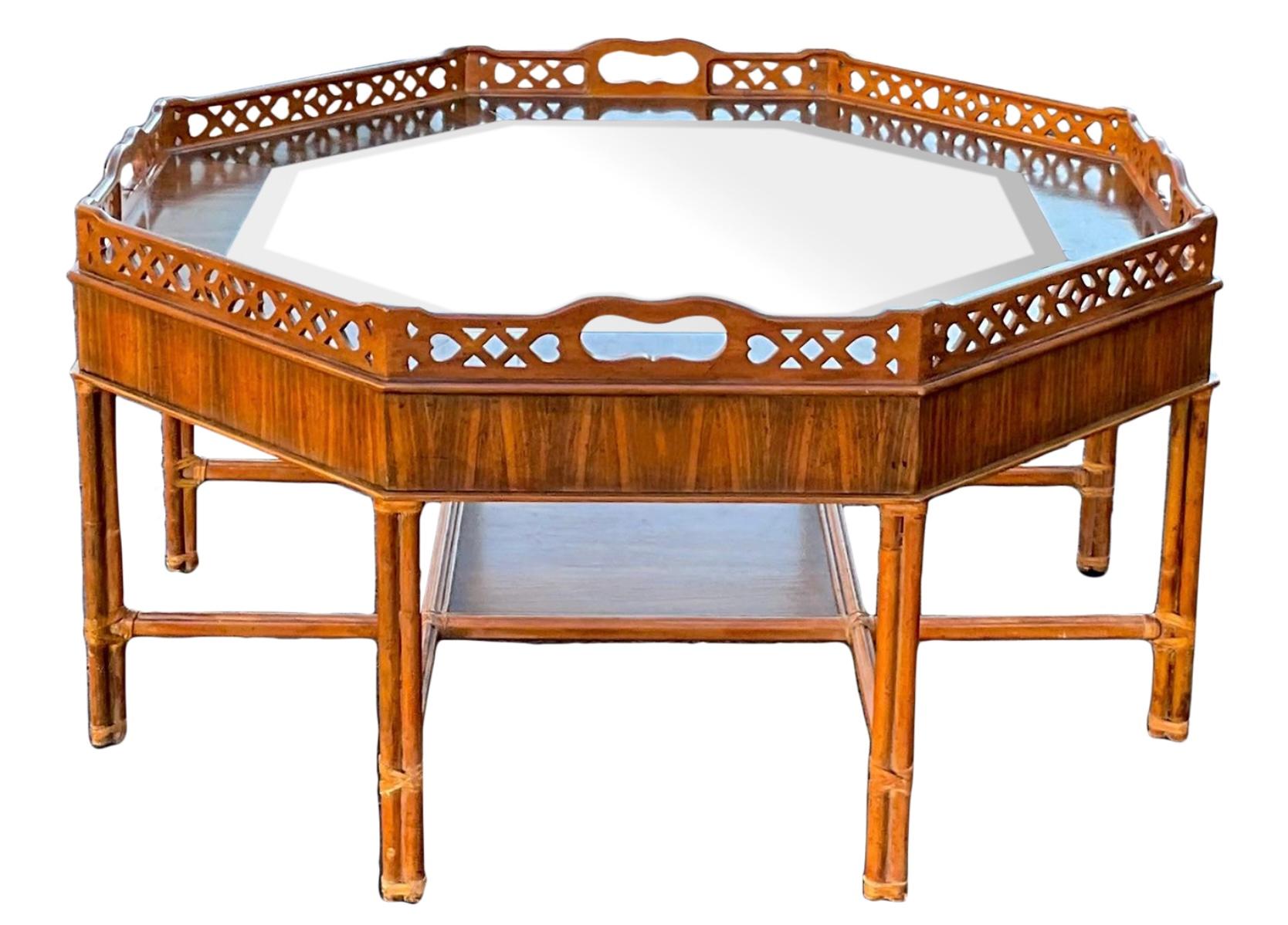 Glass Maitland-Smith Chippendale Style Coffee Table With Fretwork And Rattan Base  For Sale