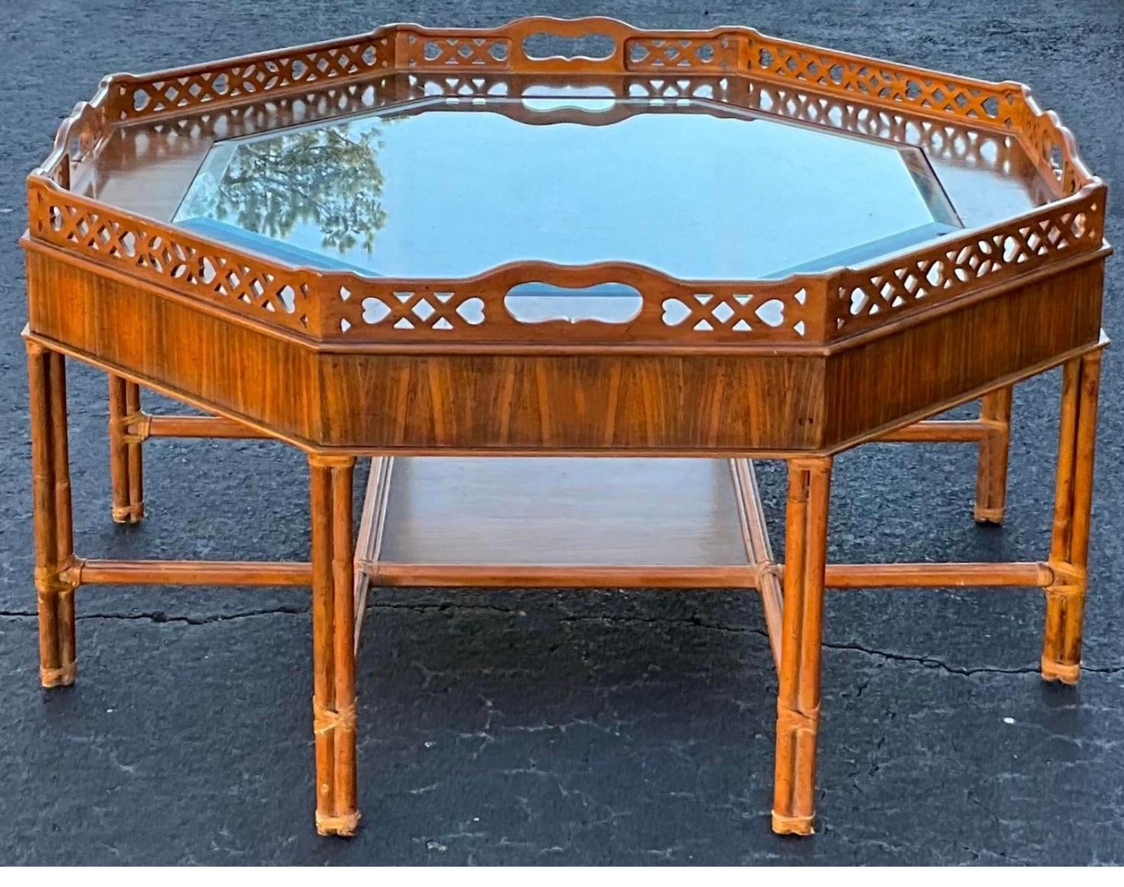 Maitland-Smith Chippendale Style Coffee Table With Fretwork And Rattan Base  For Sale 1