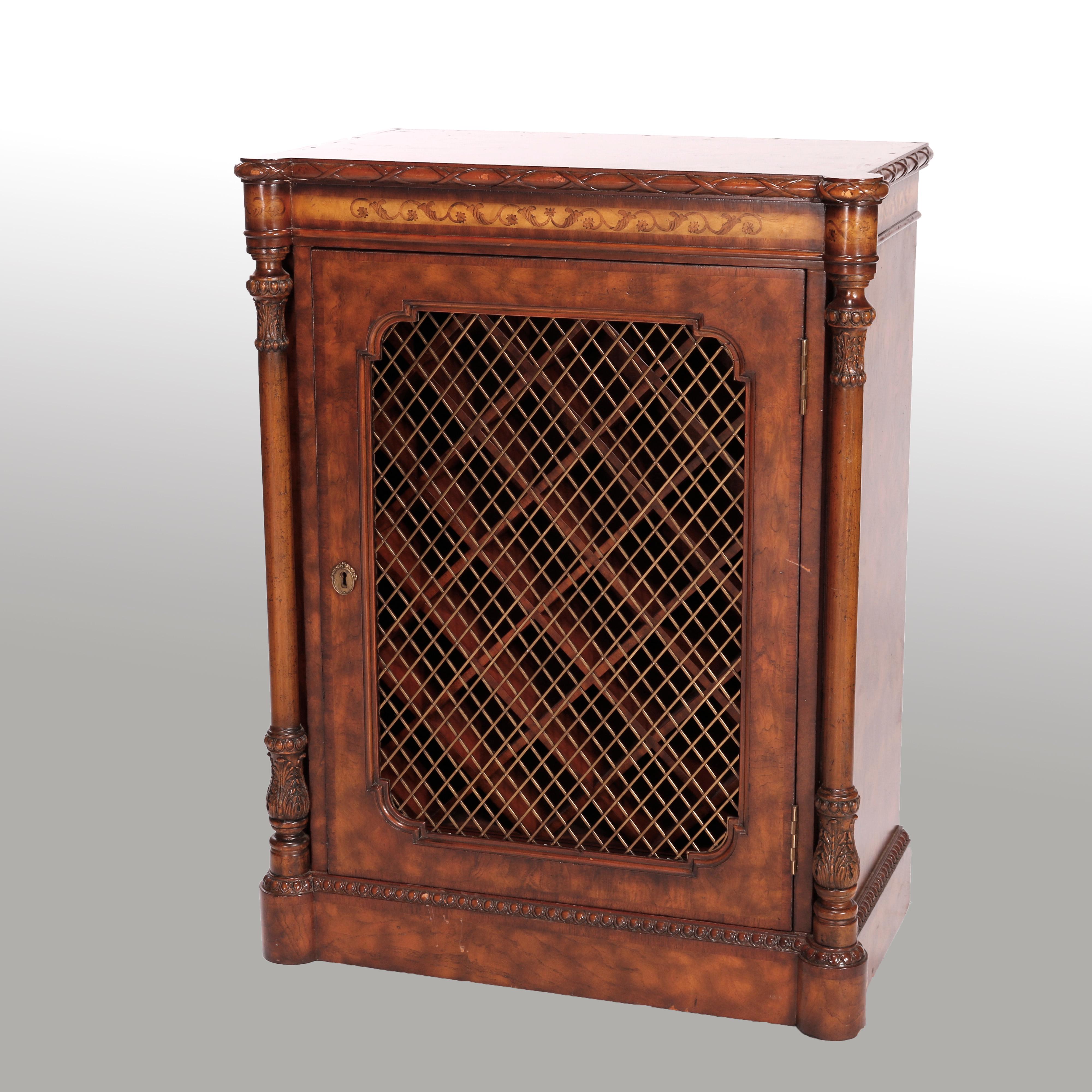 An American Classical style wine cask by Maitland Smith offers burl construction with shaped and beveled top over cabinet with single mesh-front door opening to bottle rack and flanked by Greek column supports, maker label as photographed, 20th
