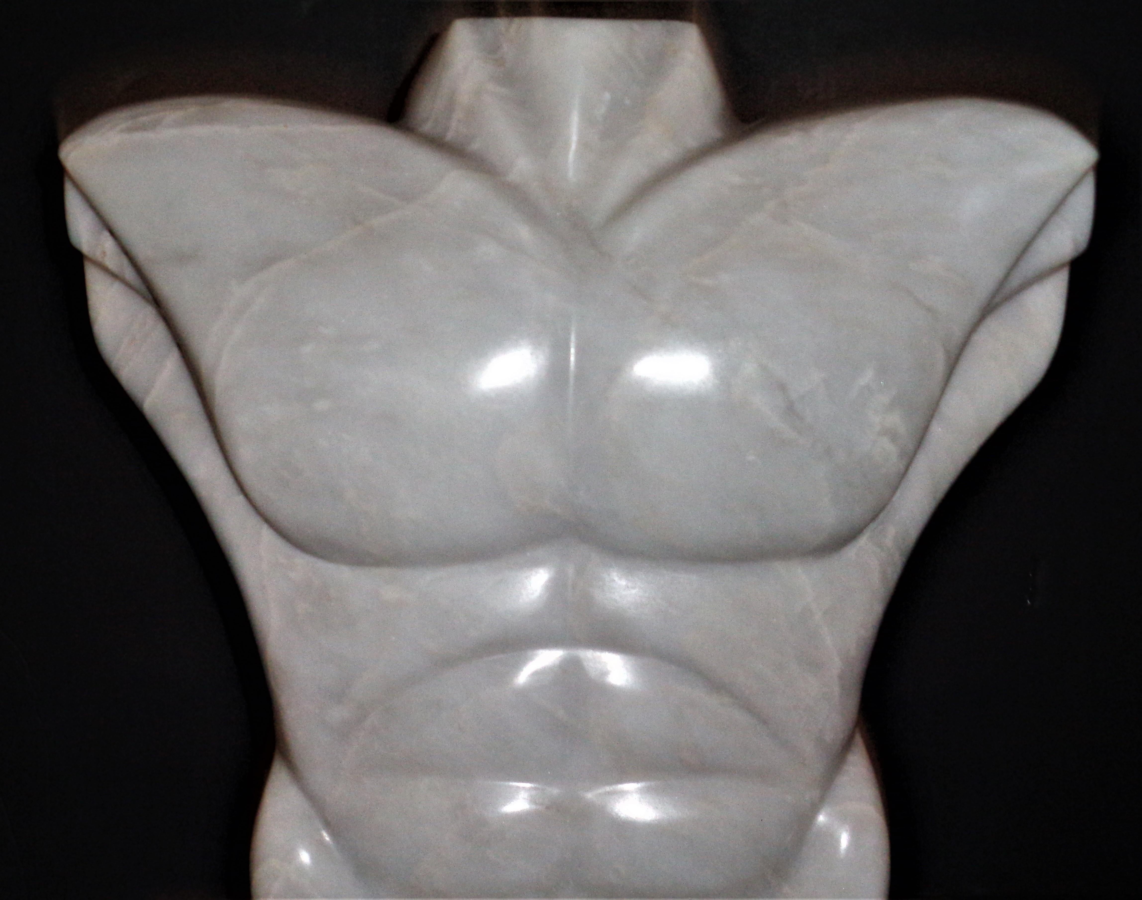 Polished solid white marble sculpture of a well defined classical male torso by Maitland Smith - see gold foil label on underside. All original vintage condition with nice color and good veining to marble. Circa 1980's. Look at all pictures and read
