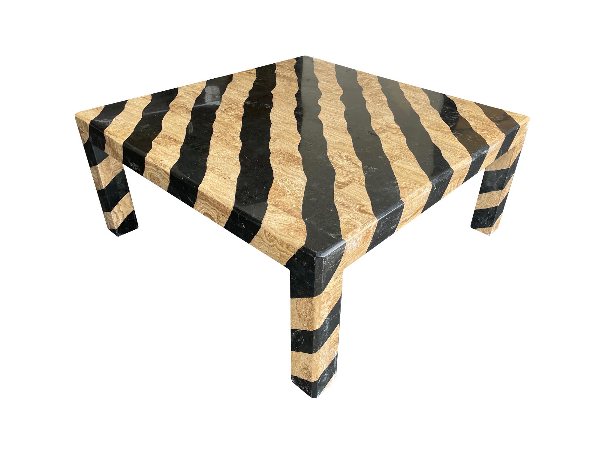 A 1970's Maitland Smith coffee table with zebra pattern tessellated marble finish. The detail and quality of work is fantastic to create large stripes over the whole table and legs.