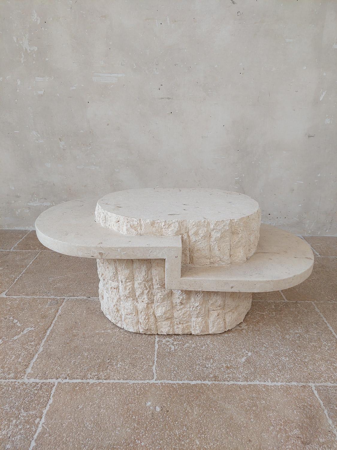 French Magnussen Ponte Coffee Table with Travertine Veneer, 1970s