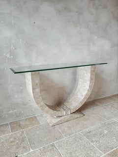Maitland Smith Console Table with Tasselated Travertine and Bevelled Glass Top