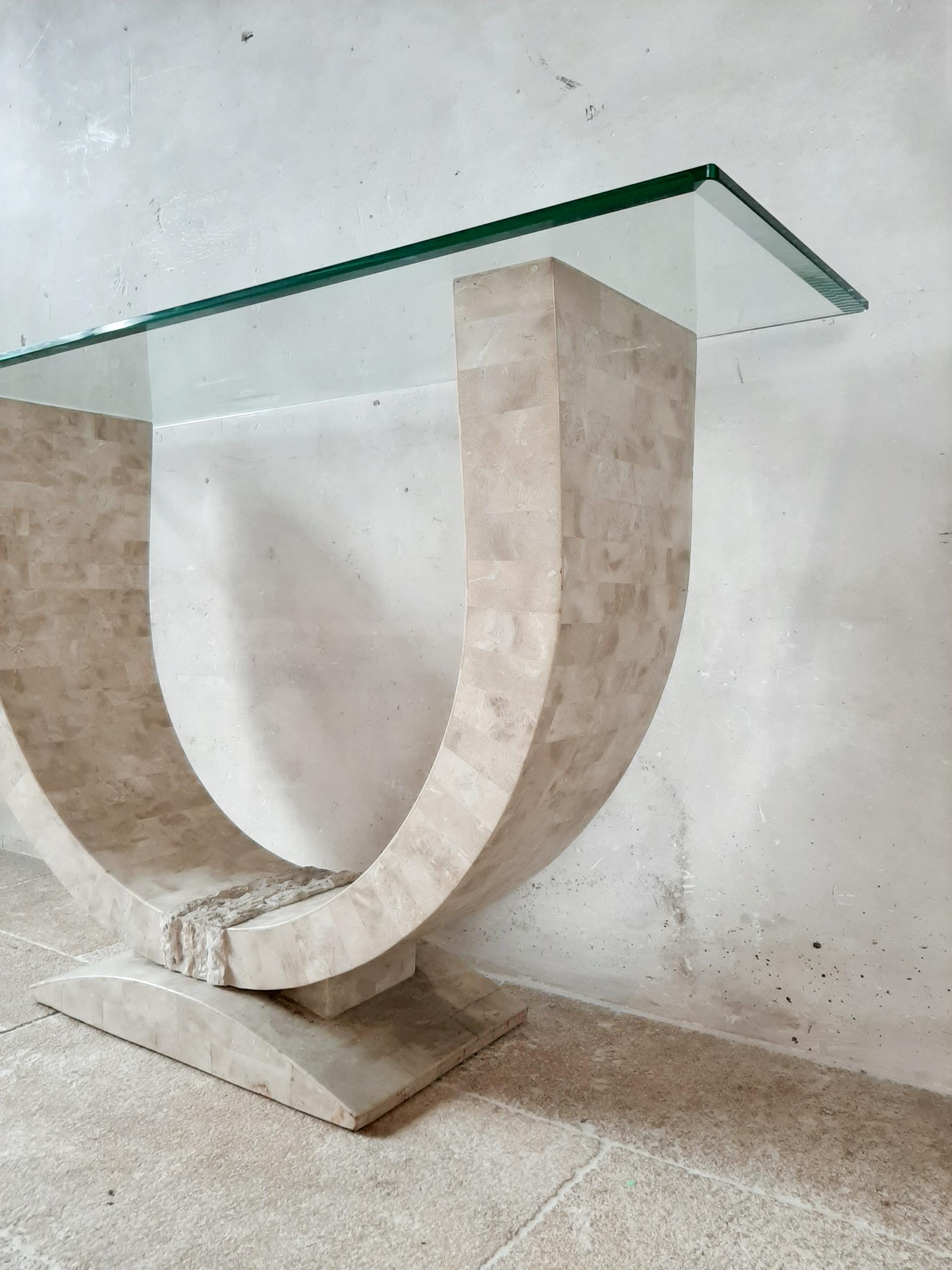 Mid-Century Modern Maitland Smith Console Table with Tasselated Travertine and Bevelled Glass Top