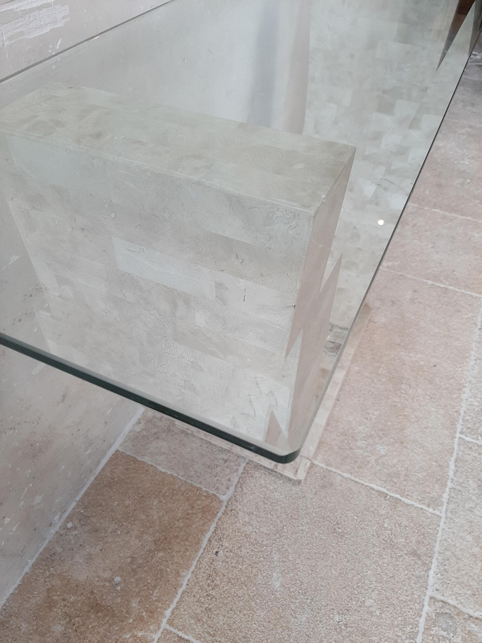 Maitland Smith Console Table with Tasselated Travertine and Bevelled Glass Top 2