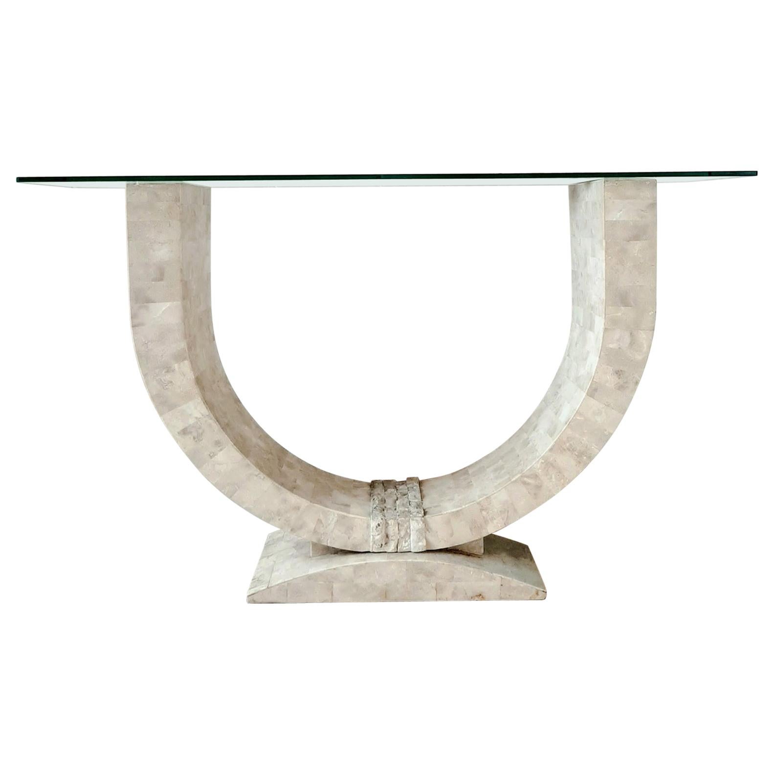 Maitland Smith Console Table with Tasselated Travertine and Bevelled Glass Top