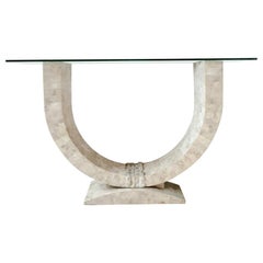 Maitland Smith Console Table with Tasselated Travertine and Bevelled Glass Top