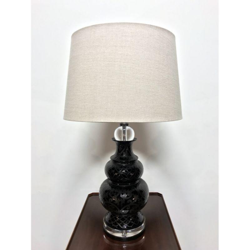 A Contemporary style table lamp by Maitland Smith. Lucite and ceramic with metal harp. This high-end lamp is very heaving, weighing 23 lbs. Shade is for illustrative purposes only and is not included. For reference, shade shown is 17
