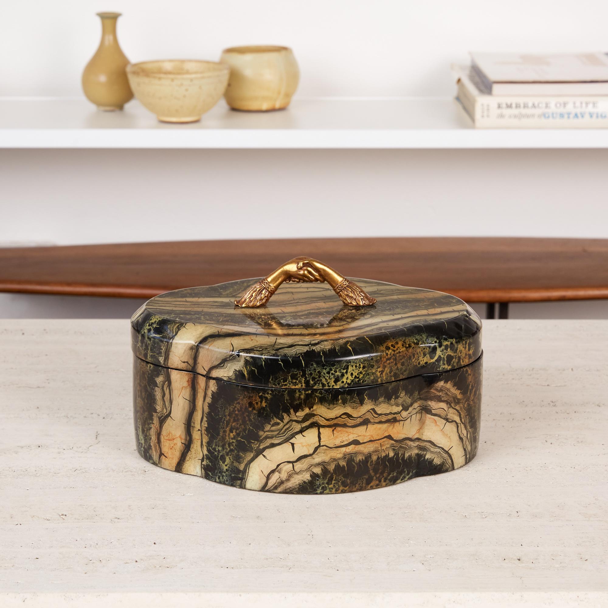 Lacquered Maitland Smith Decorative Box with Brass Handle