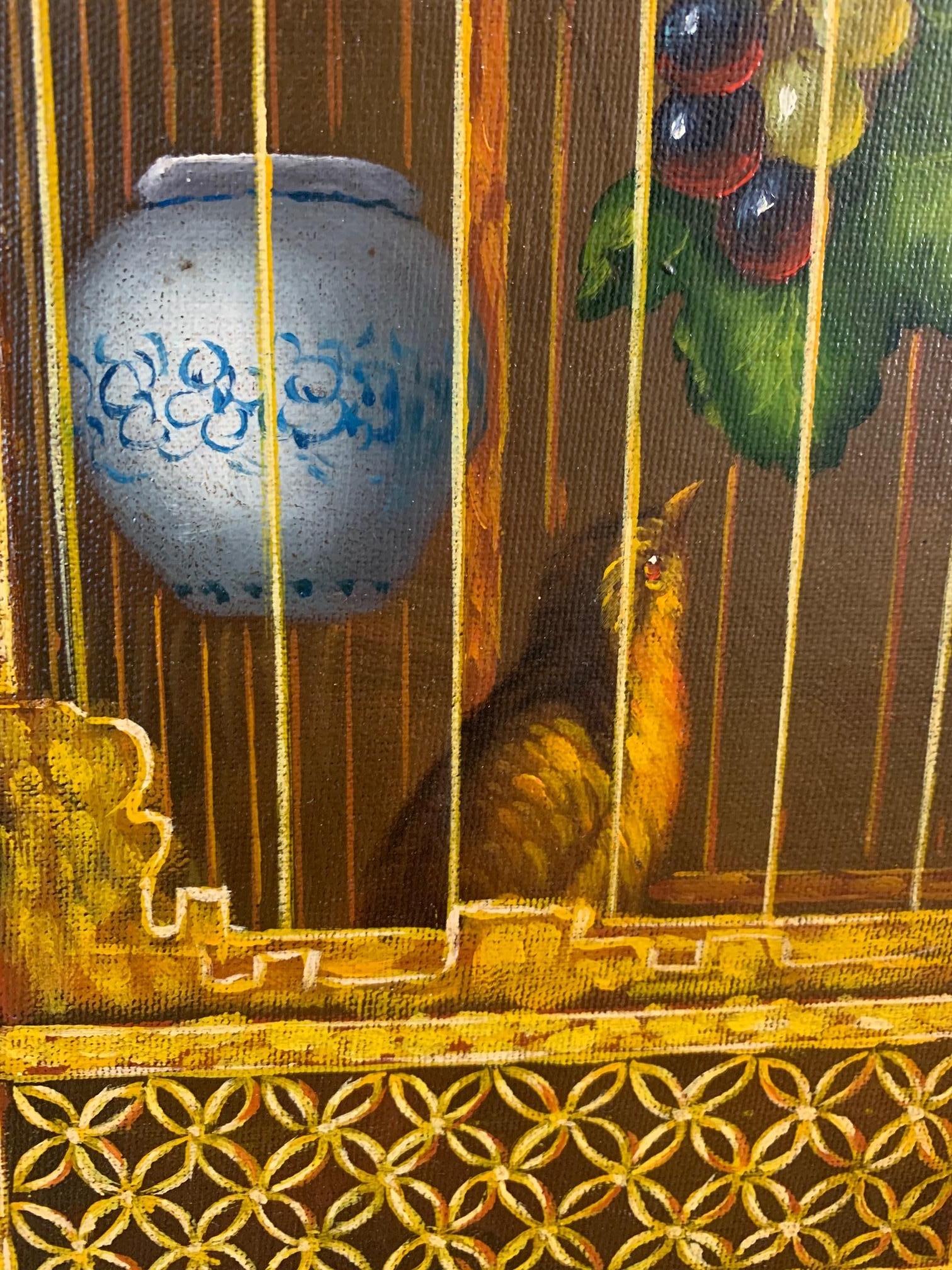Peinture décorative Maitland Smith représentant des oiseaux dans une cage en vente 5