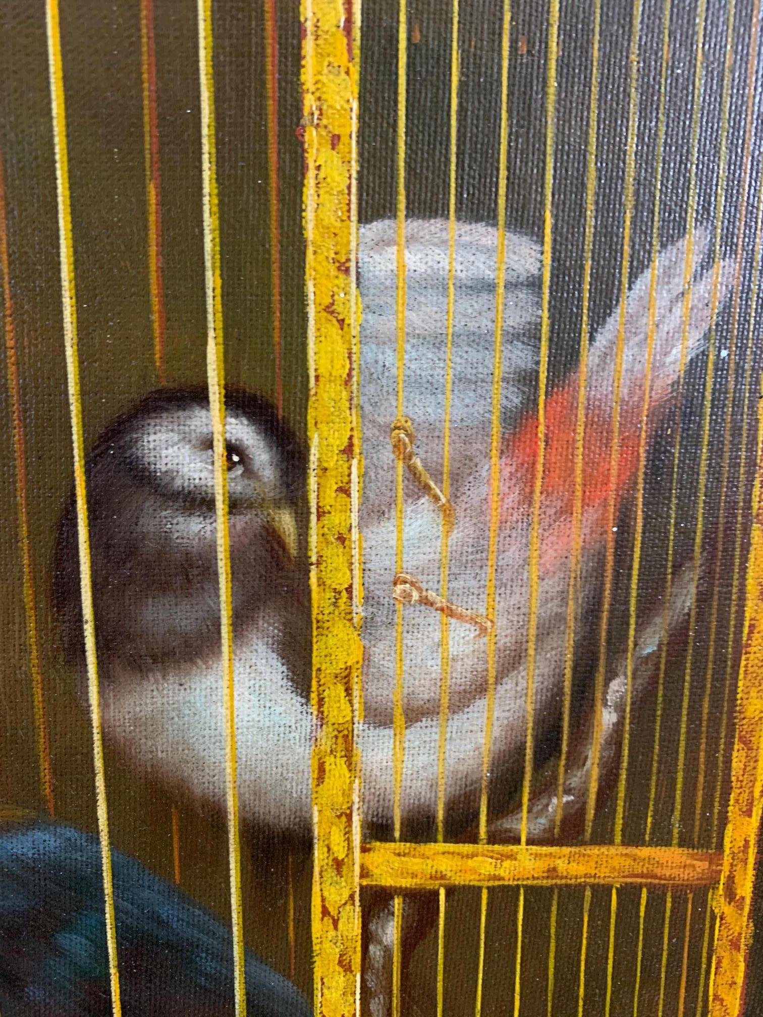 Peinture décorative Maitland Smith représentant des oiseaux dans une cage Bon état - En vente à Hopewell, NJ