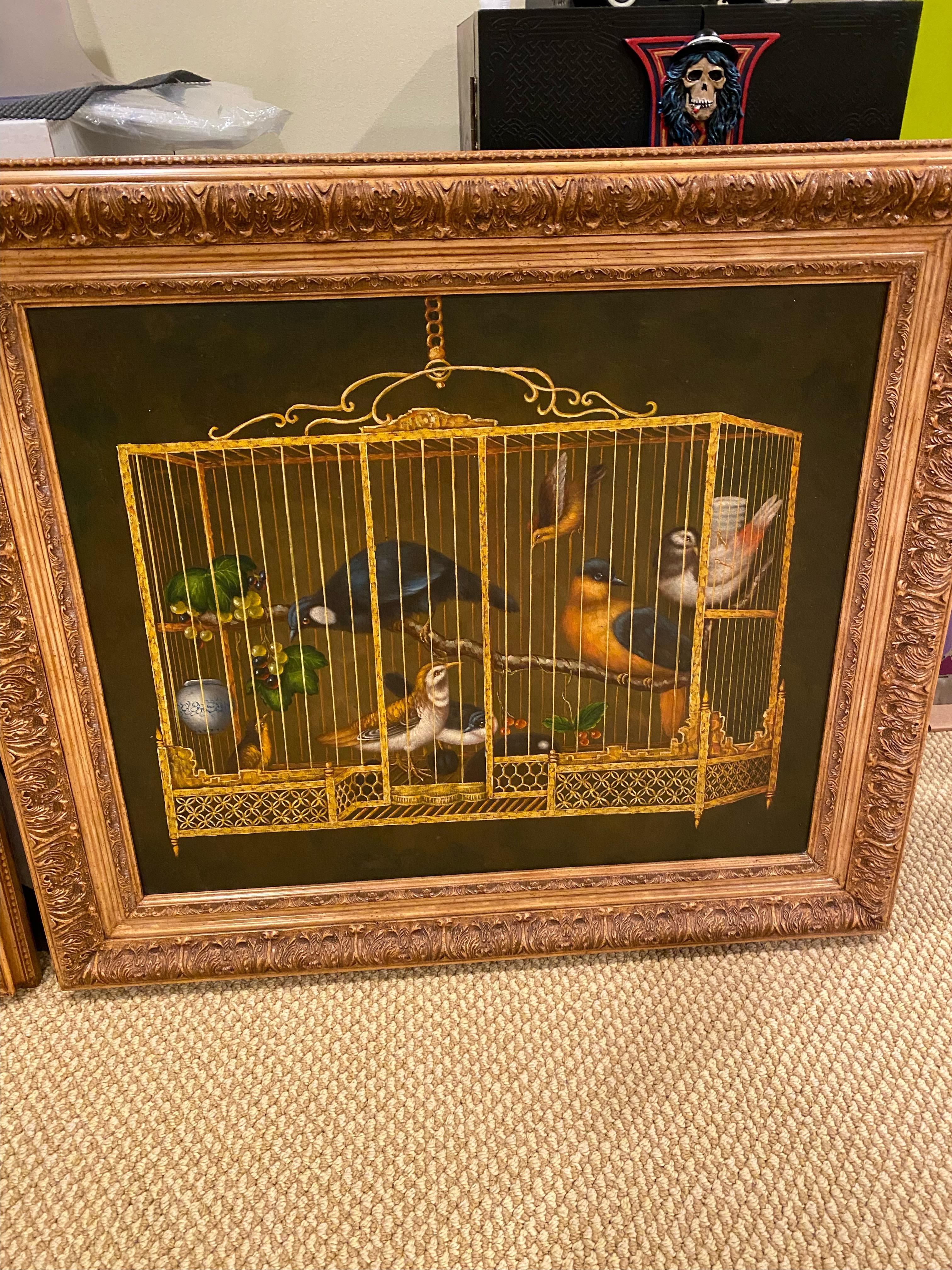 Nord-américain Peinture décorative Maitland Smith représentant des oiseaux dans une cage en vente