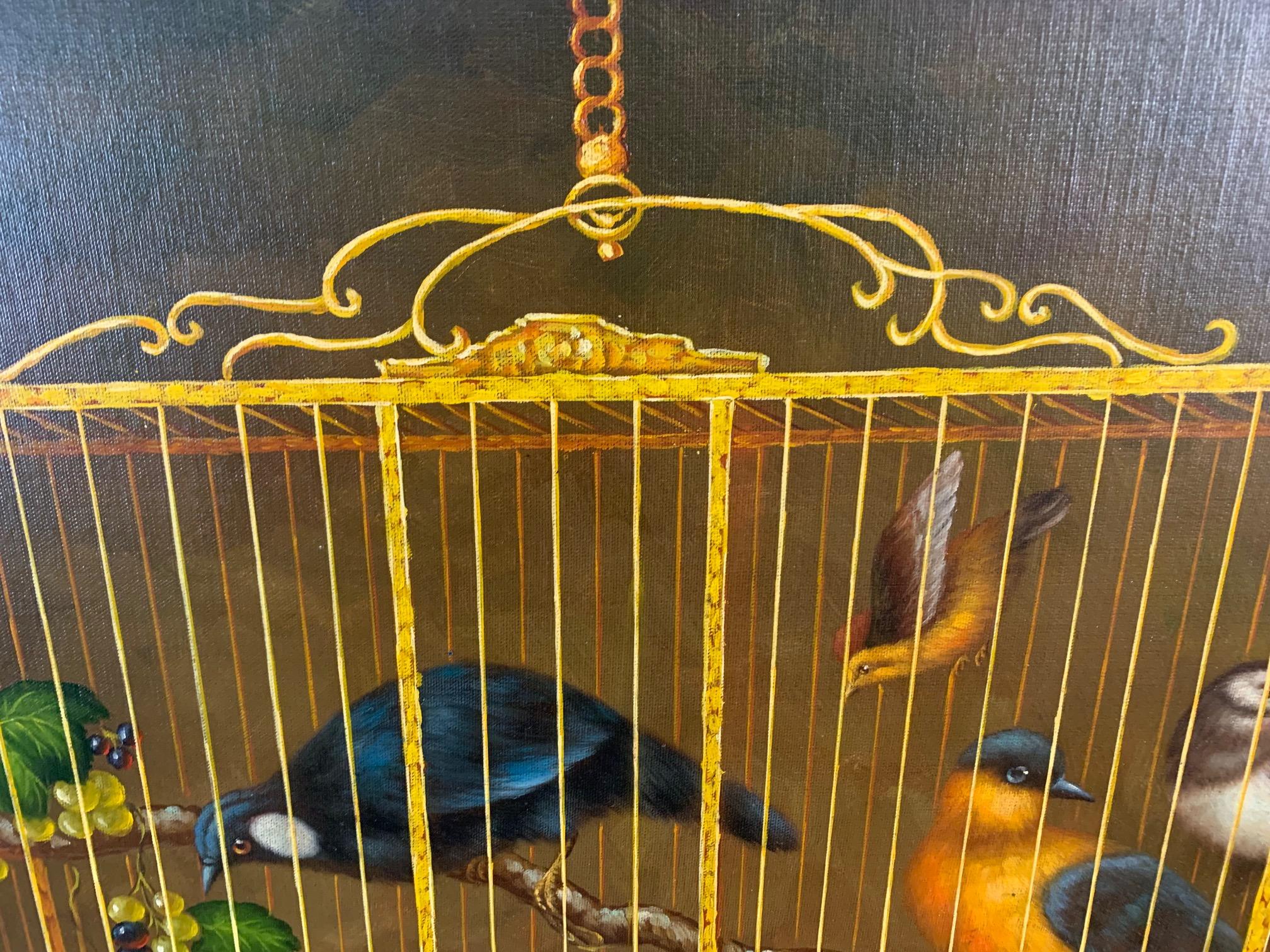 Fin du 20e siècle Peinture décorative Maitland Smith représentant des oiseaux dans une cage en vente