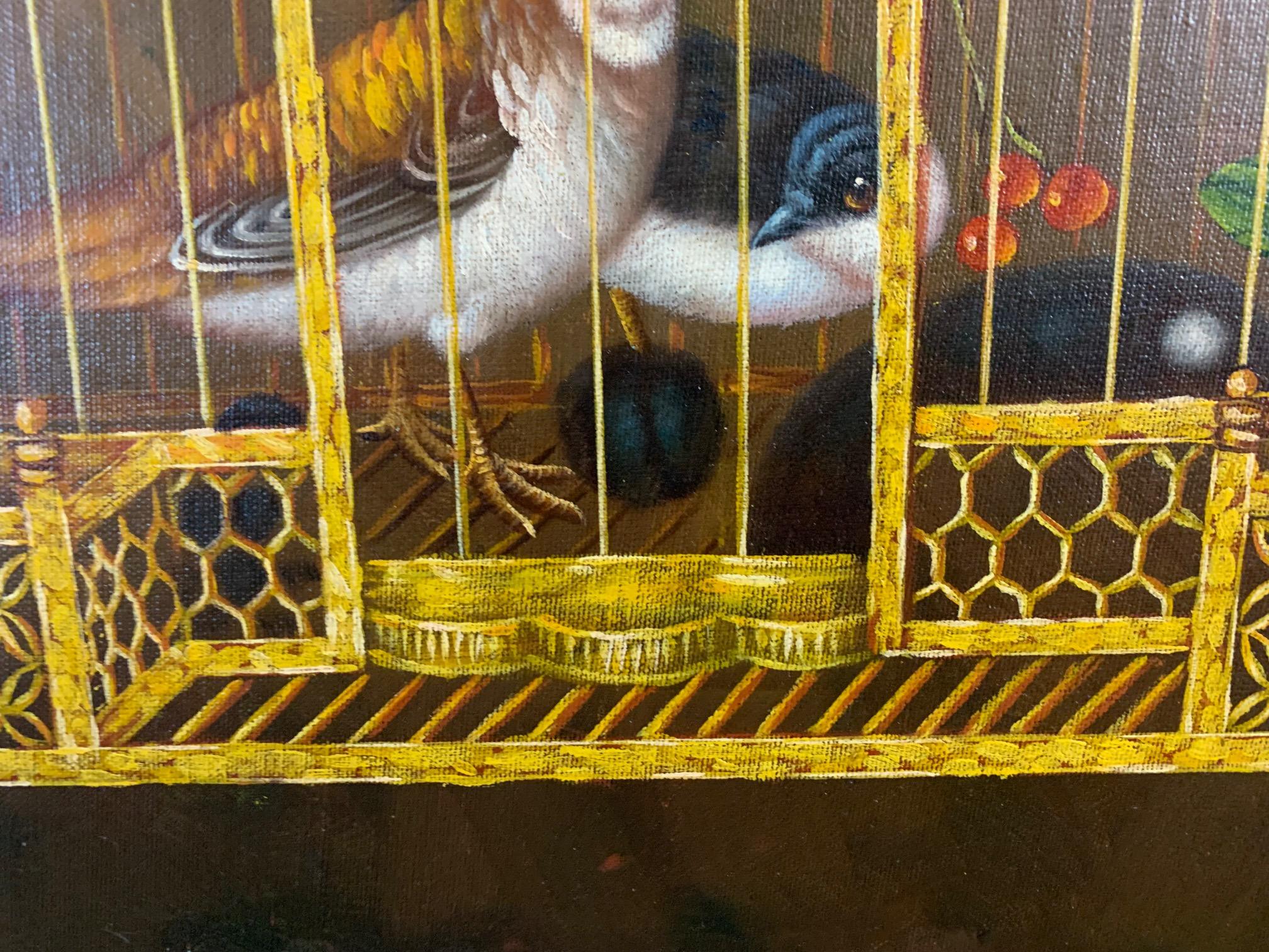 Peinture décorative Maitland Smith représentant des oiseaux dans une cage en vente 4