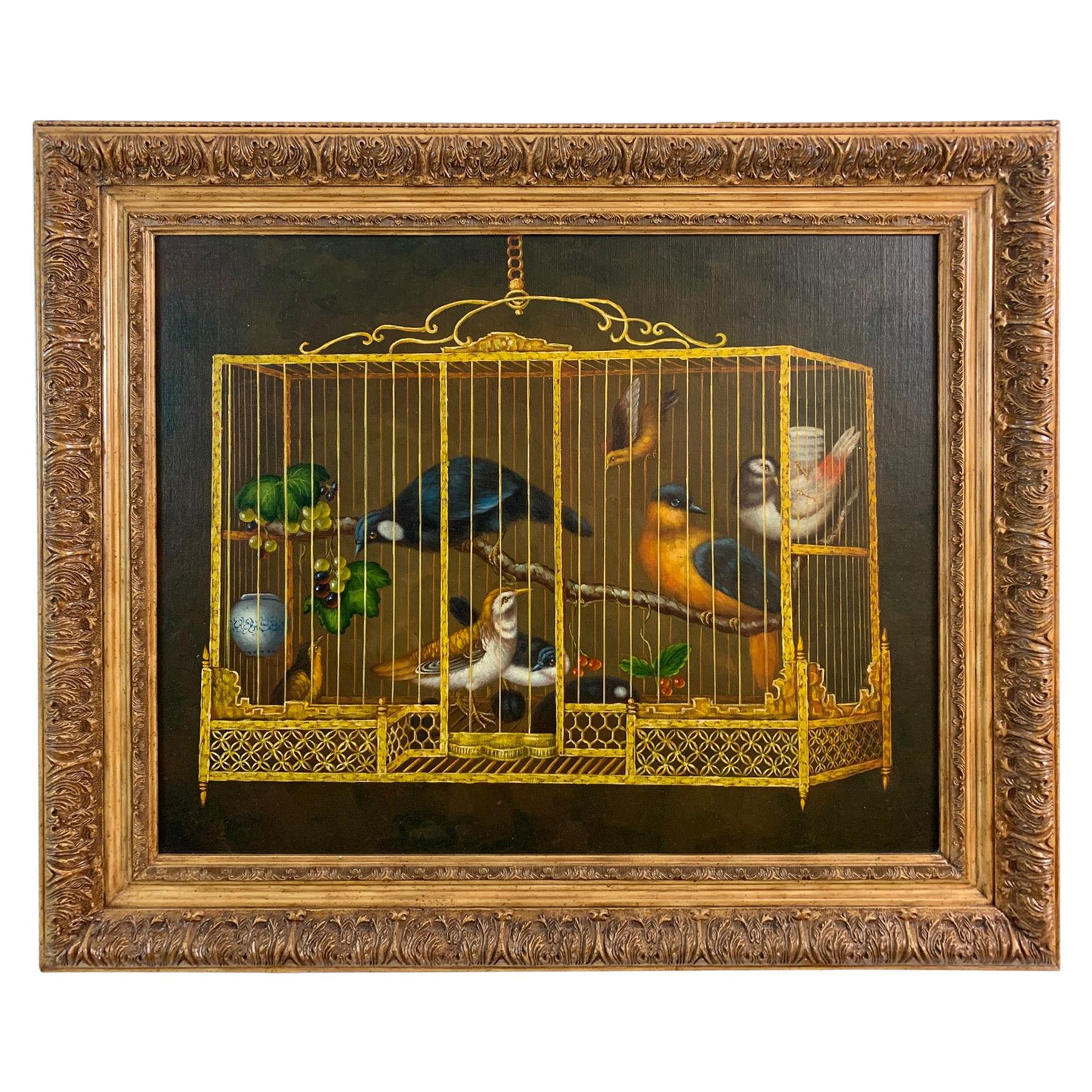 Peinture décorative Maitland Smith représentant des oiseaux dans une cage en vente