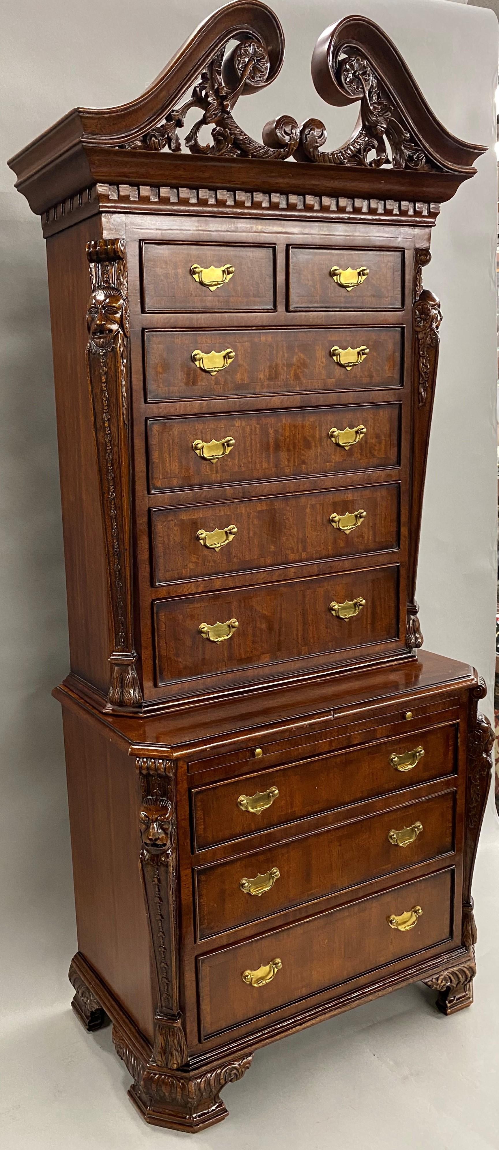Hand-Carved Maitland Smith Diminutive Two Part Mahogany Chest on Chest or Jewelry Chest For Sale