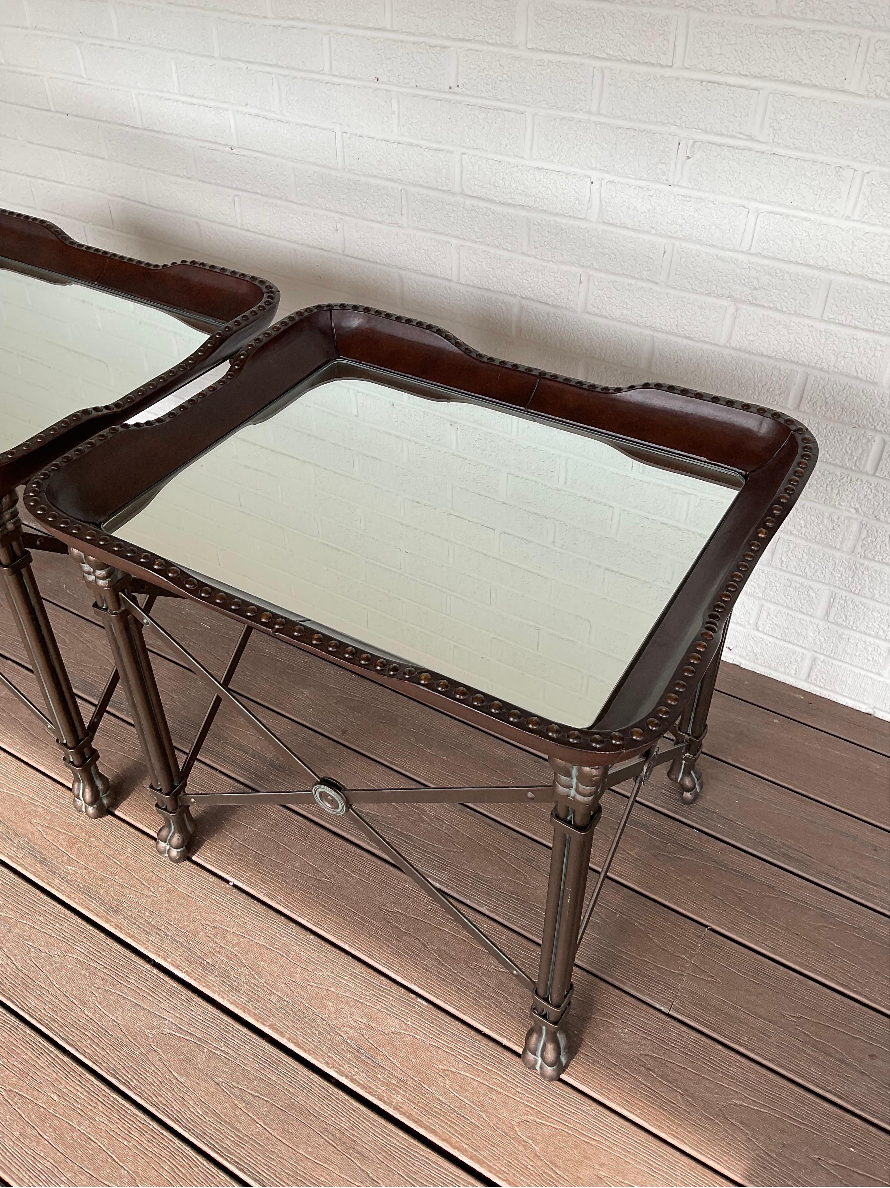 Beautiful pair of Maitland-Smith iron and leather trimmed side tables with mirrored tops.


Condition Disclosure:
Please understand nearly all of our inventory is comprised of rare to very rare vintage pieces. They are not new and will have some