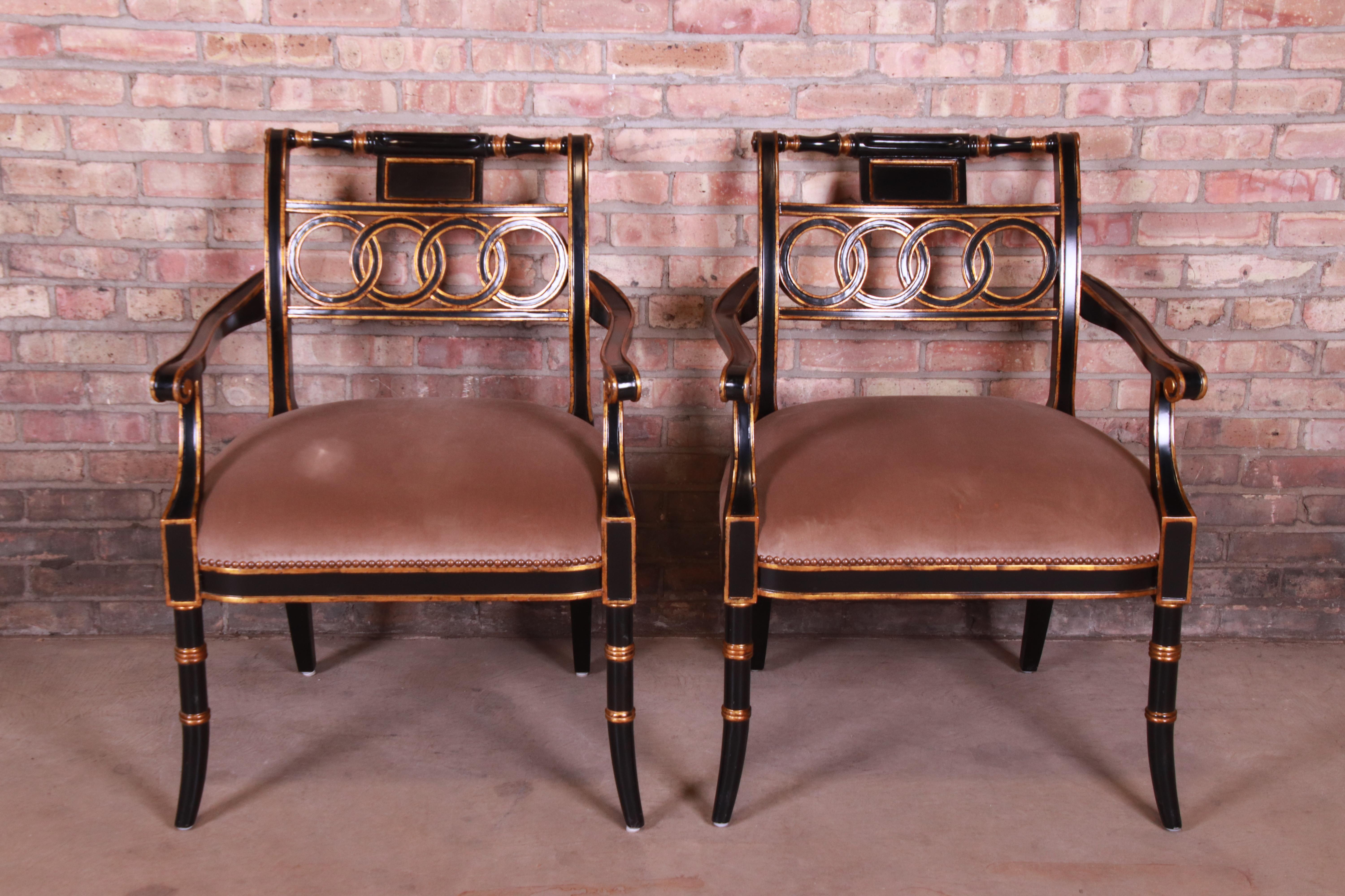 Maitland Smith Ebonized and Gold Gilt Regency Style Armchairs, Pair In Good Condition In South Bend, IN