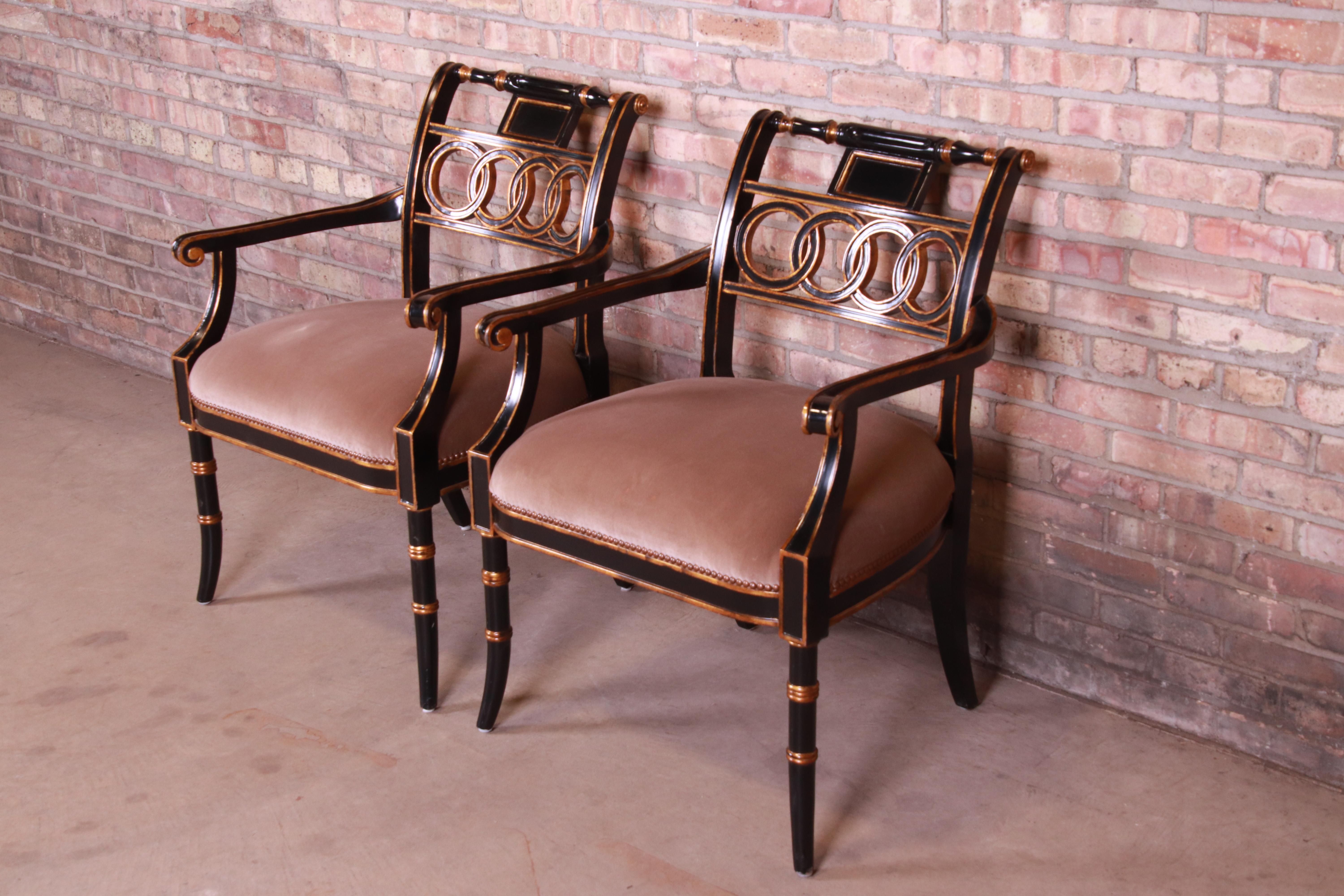 20th Century Maitland Smith Ebonized and Gold Gilt Regency Style Armchairs, Pair