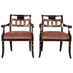 Maitland Smith Ebonized and Gold Gilt Regency Style Armchairs, Pair