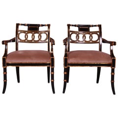 Maitland Smith Ebonized and Gold Gilt Regency Style Armchairs, Pair