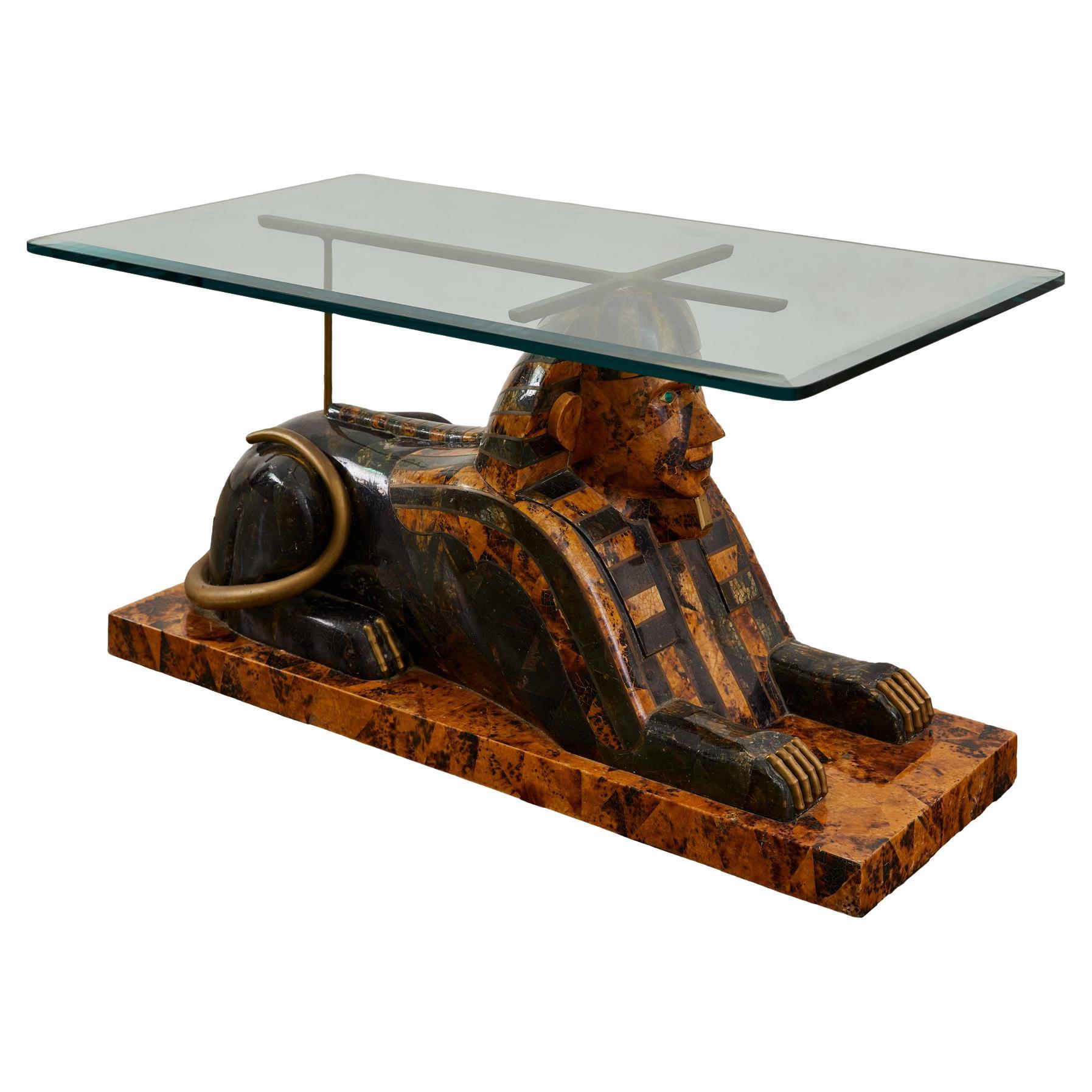 Maitland Smith Egyptian Revival Marble Stone Glass Sphinx Coffee Table  C 1970