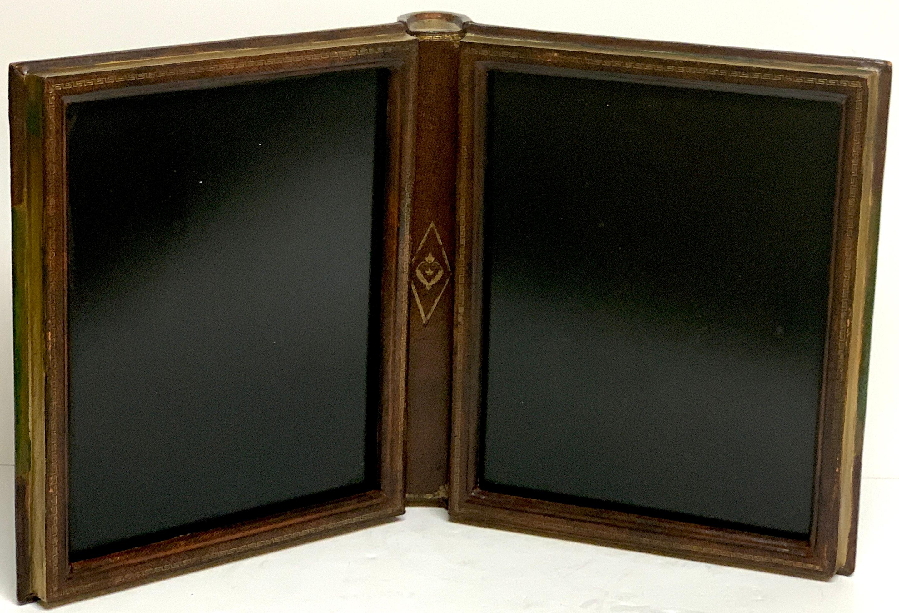 Gilt Maitland Smith Embossed Leather Book Motif Double Photograph Frame