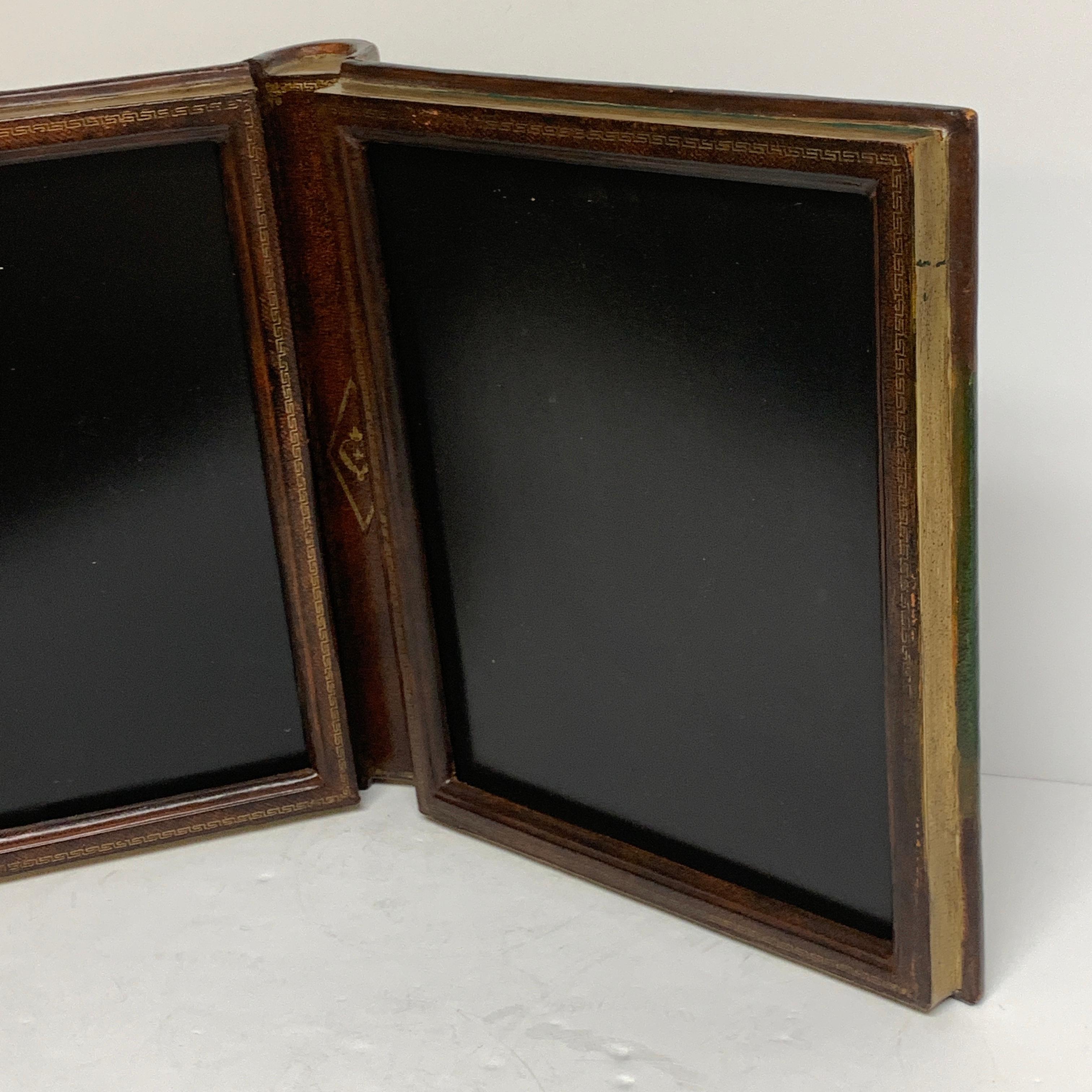 Maitland Smith Embossed Leather Book Motif Double Photograph Frame In Good Condition In West Palm Beach, FL