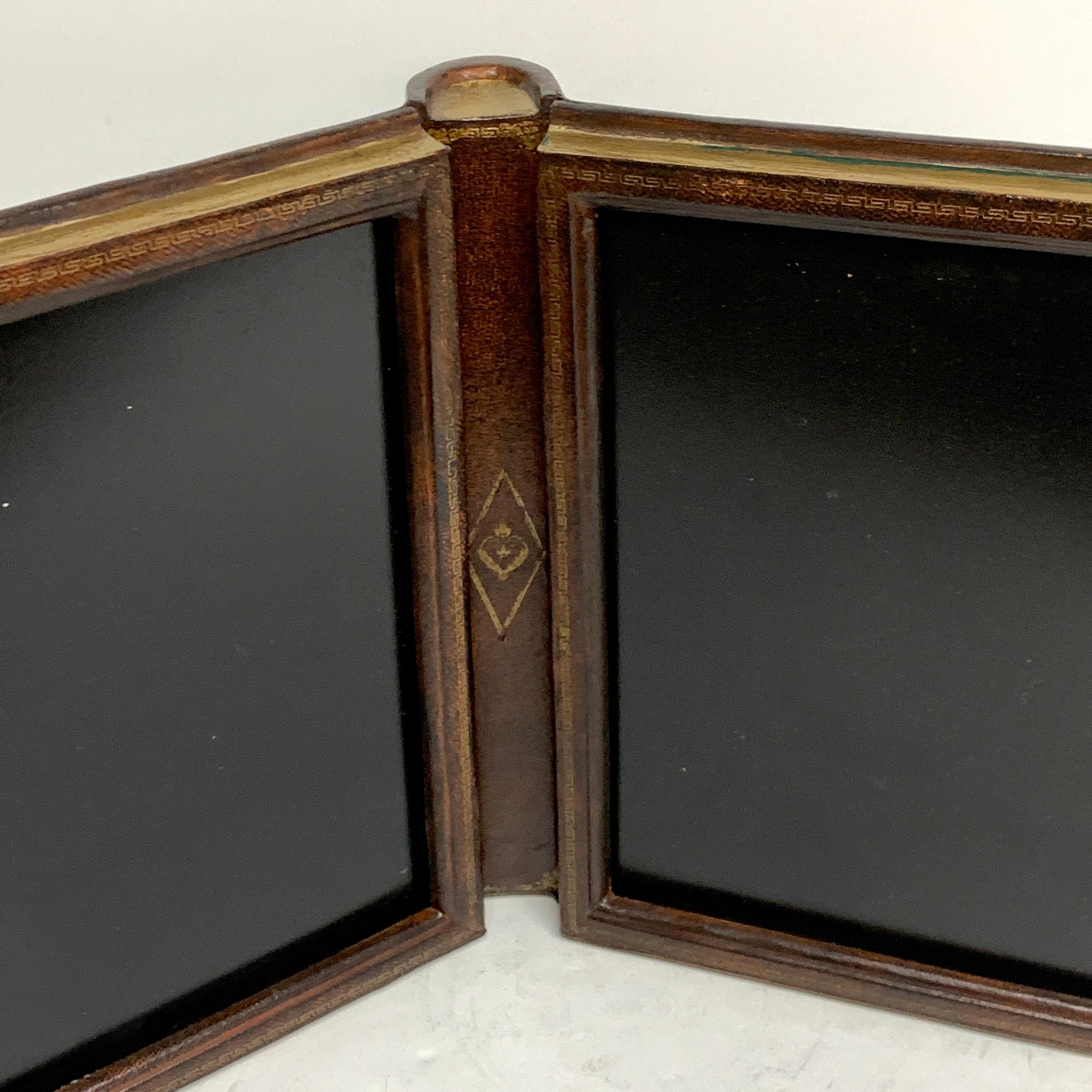 20th Century Maitland Smith Embossed Leather Book Motif Double Photograph Frame