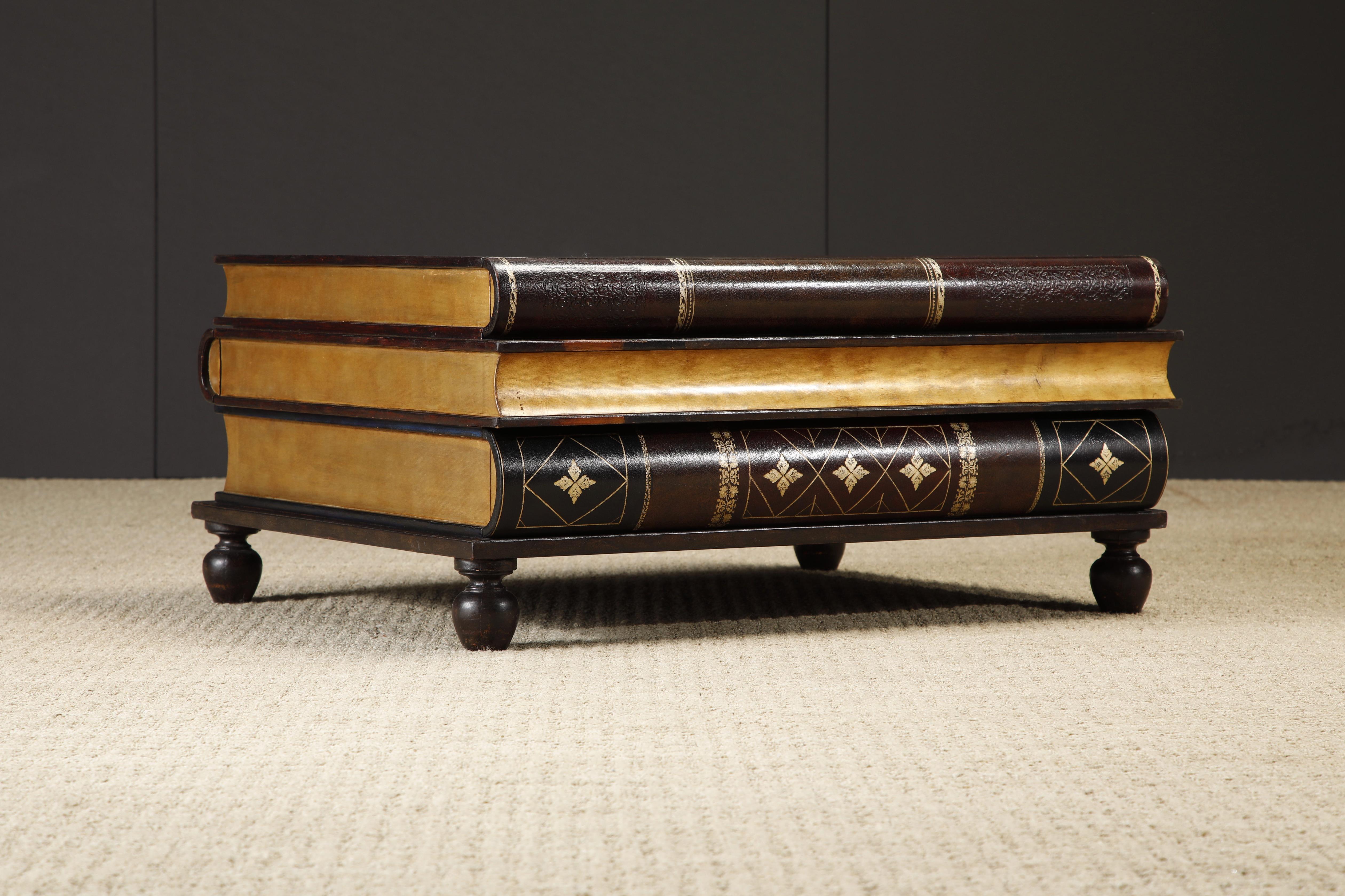 Maitland Smith Embossed Leather Stacked Books Trompe-l'œil Coffee Table, Signed For Sale 4