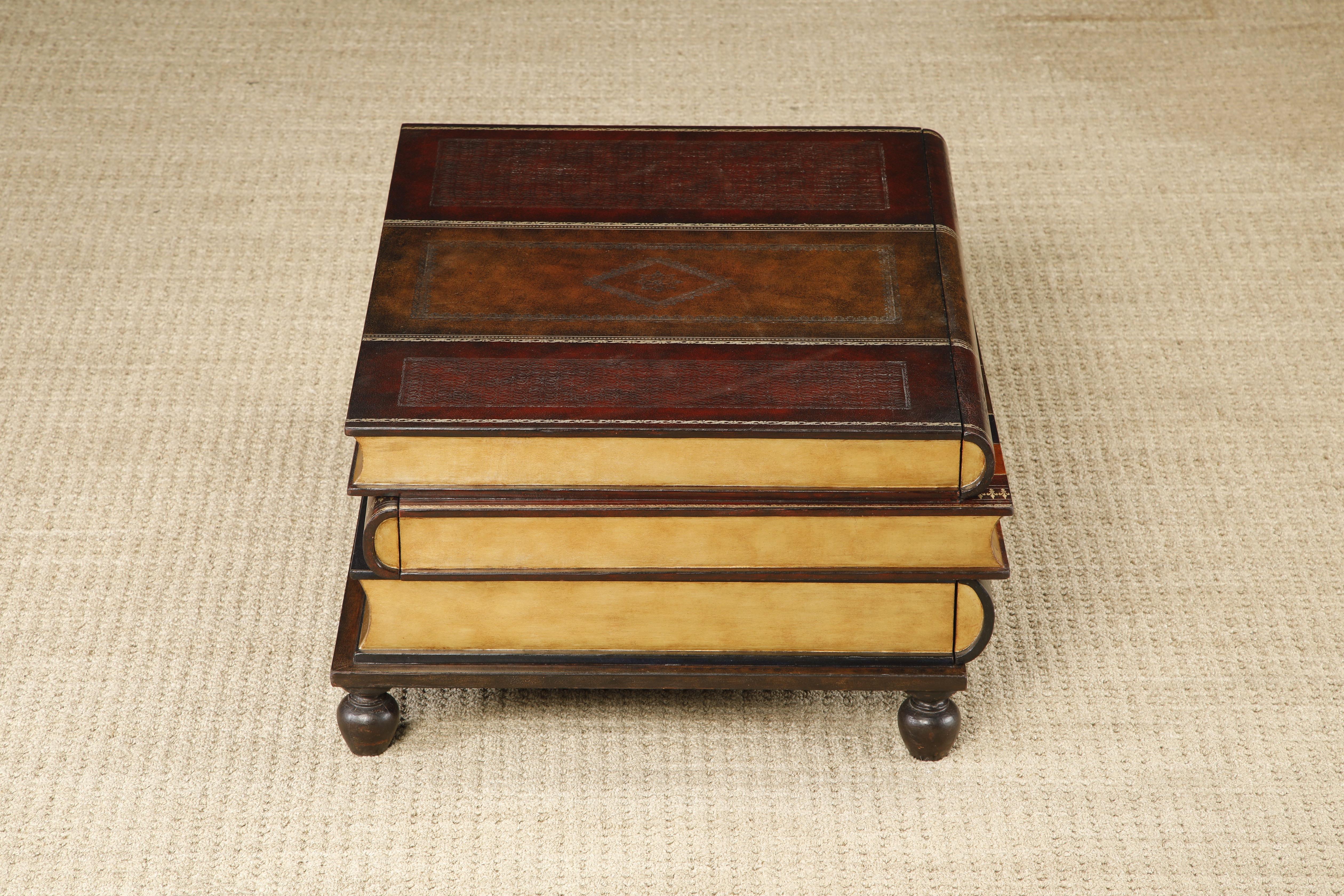 Maitland Smith Embossed Leather Stacked Books Trompe-l'œil Coffee Table, Signed For Sale 7