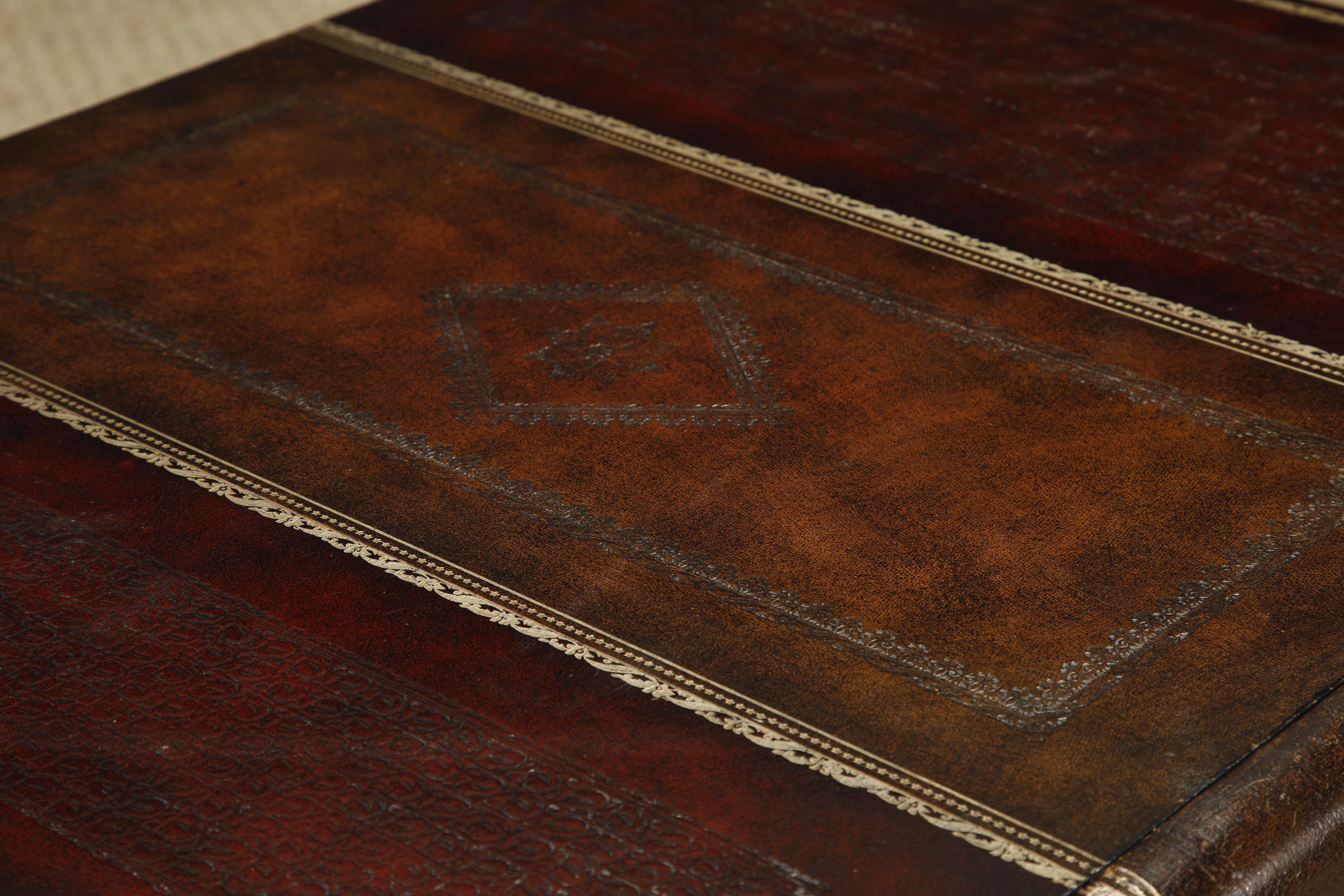 Maitland Smith Embossed Leather Stacked Books Trompe-l'œil Coffee Table, Signed For Sale 11