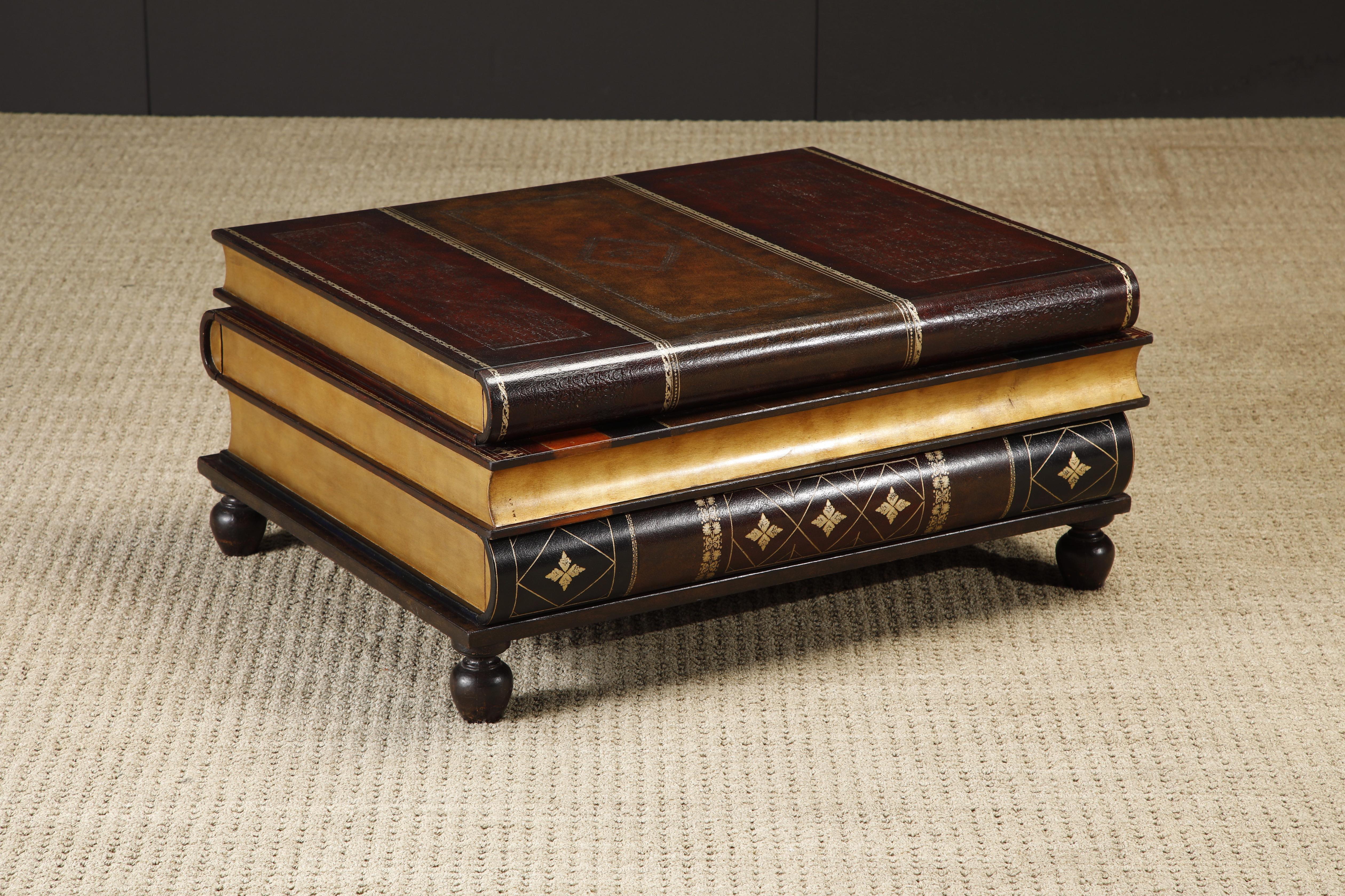 Modern Maitland Smith Embossed Leather Stacked Books Trompe-l'œil Coffee Table, Signed For Sale