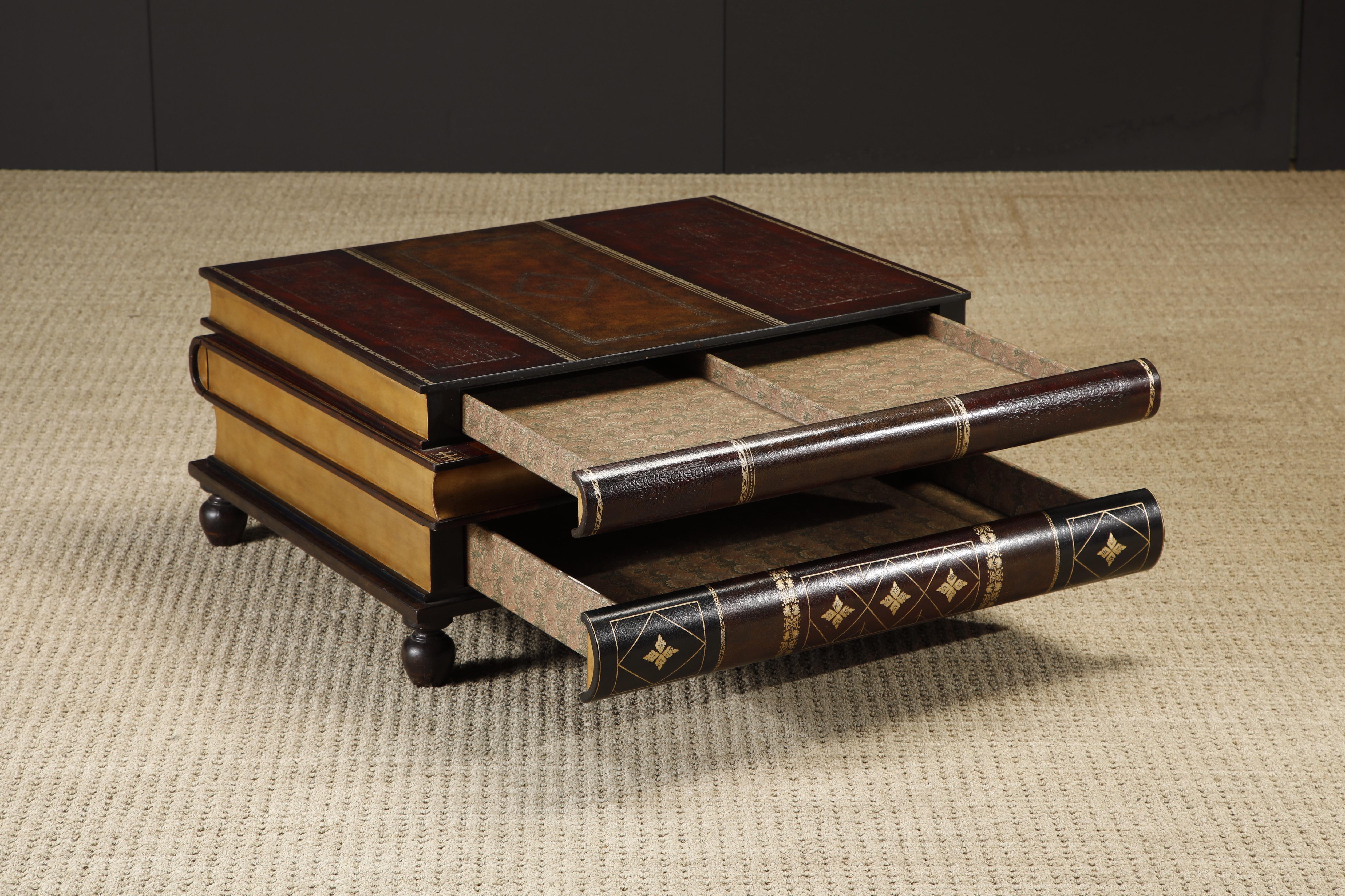 American Maitland Smith Embossed Leather Stacked Books Trompe-l'œil Coffee Table, Signed For Sale