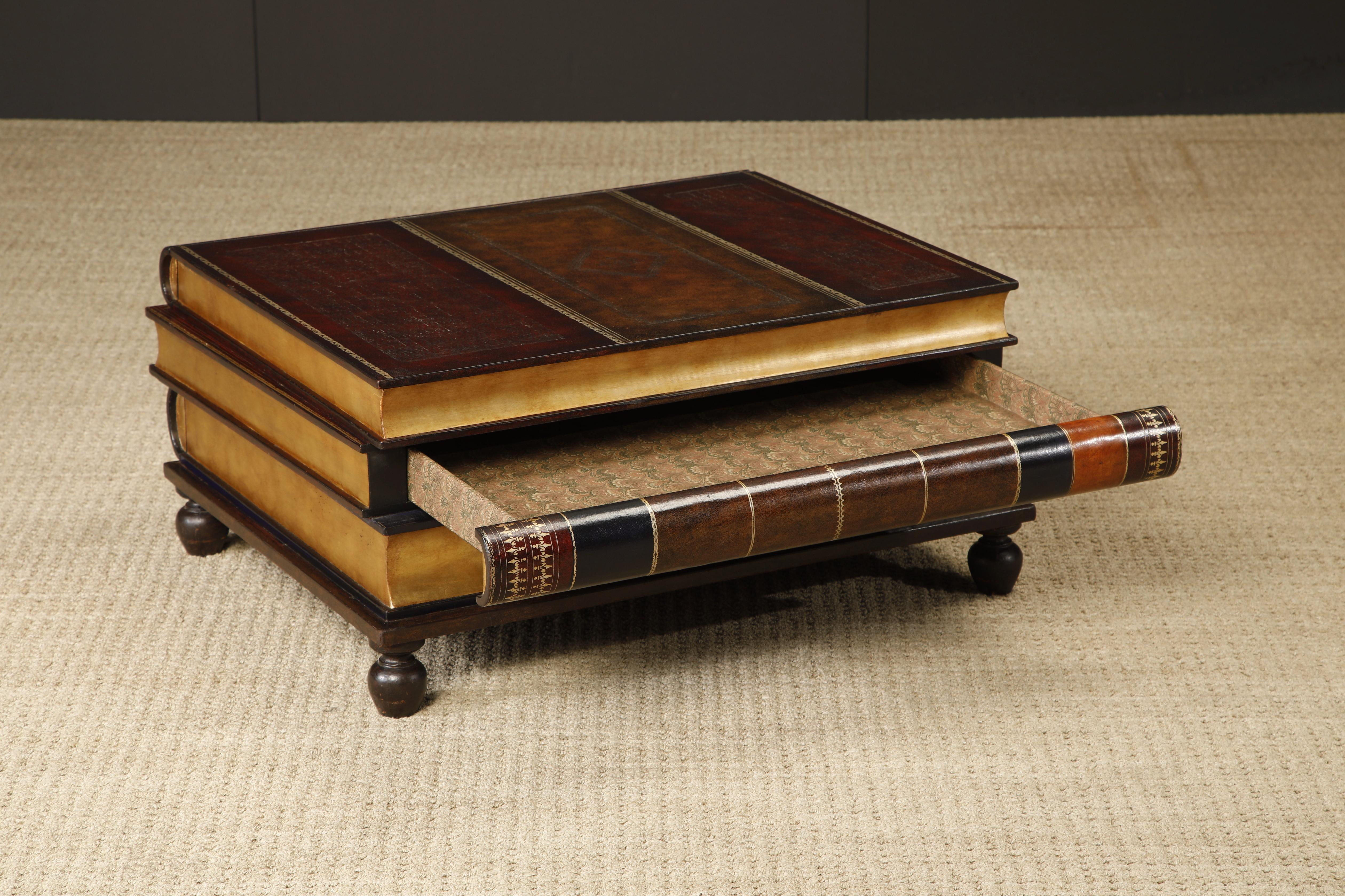Maitland Smith Embossed Leather Stacked Books Trompe-l'œil Coffee Table, Signed For Sale 1