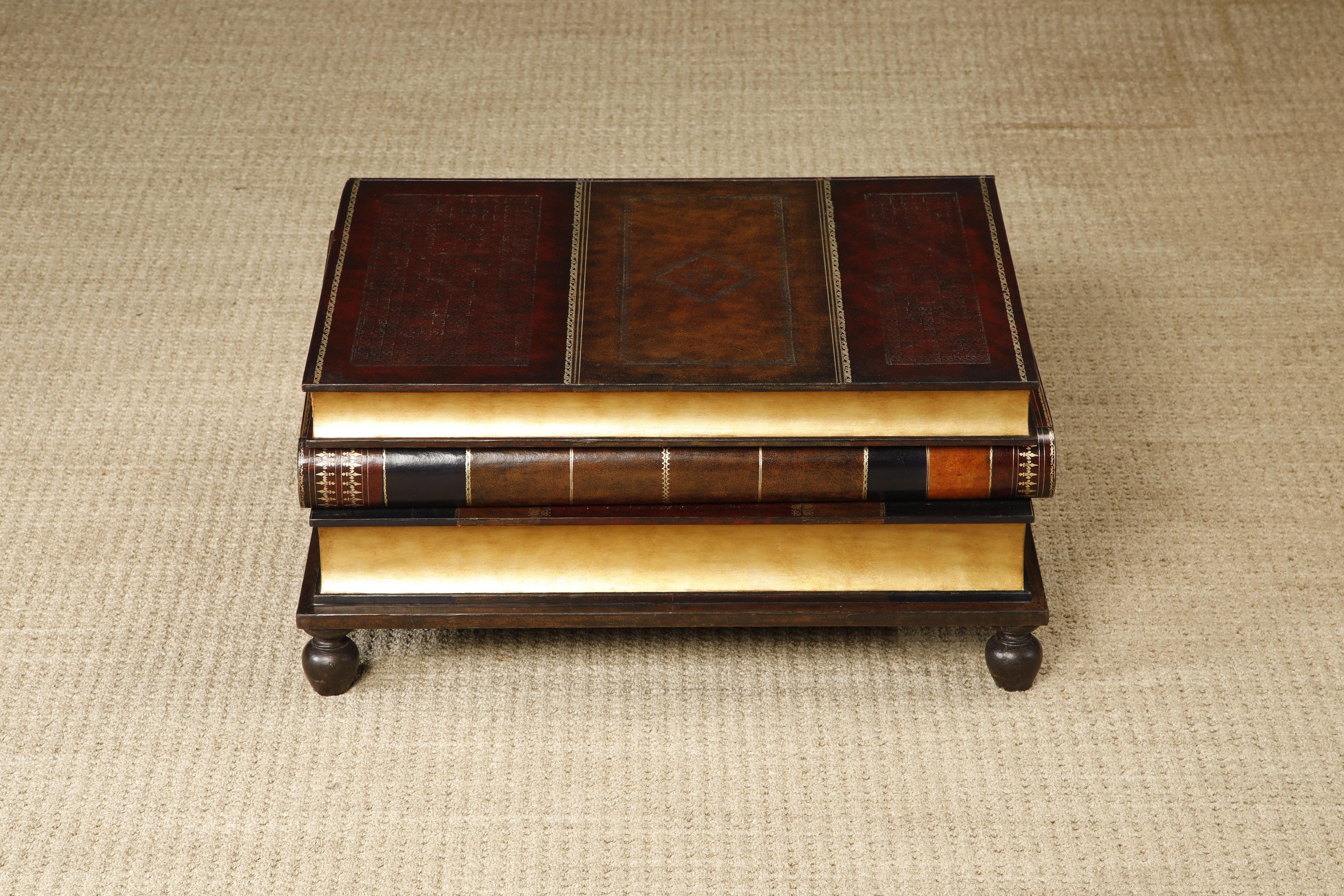Maitland Smith Embossed Leather Stacked Books Trompe-l'œil Coffee Table, Signed For Sale 2
