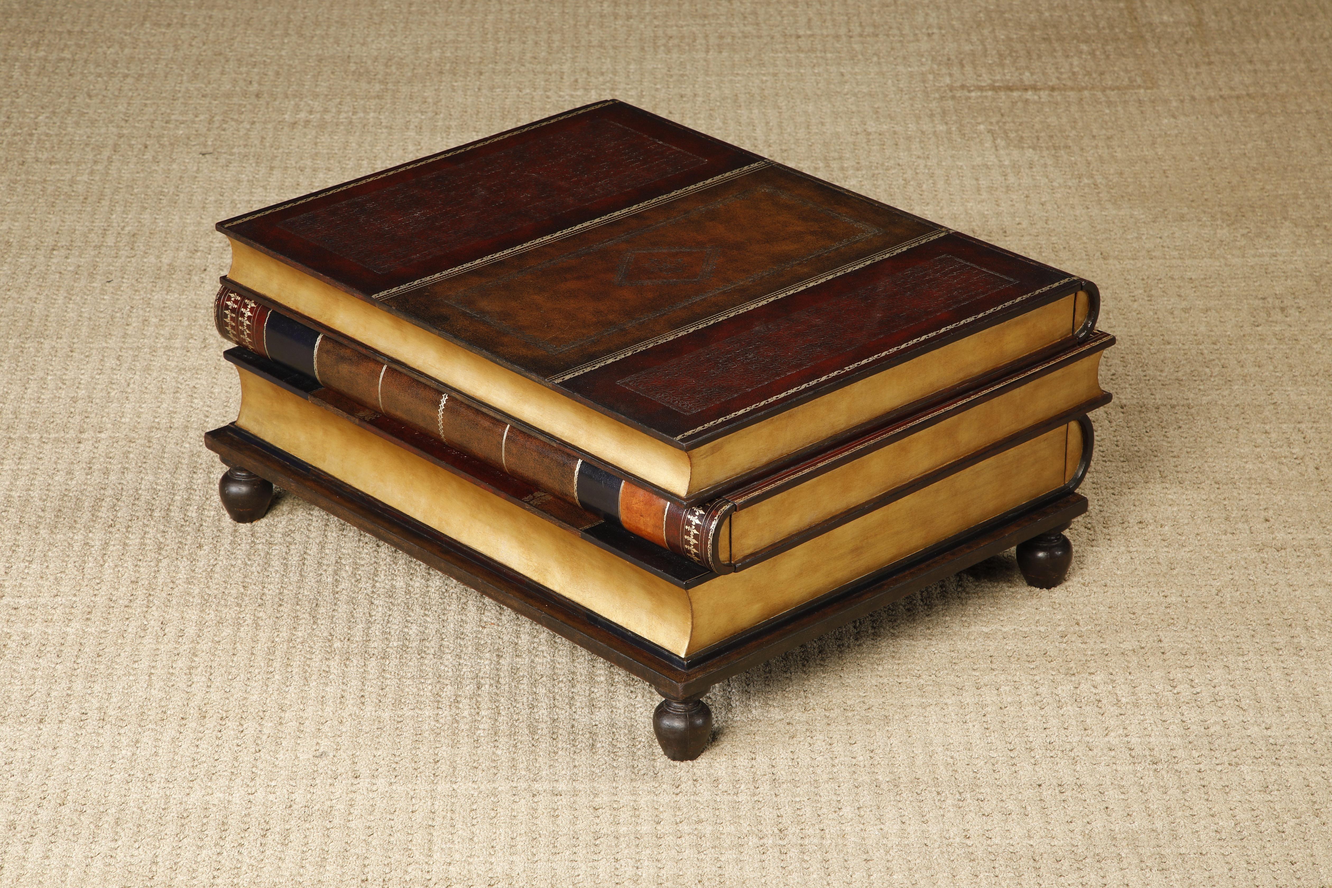 Maitland Smith Embossed Leather Stacked Books Trompe-l'œil Coffee Table, Signed For Sale 3