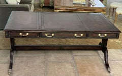 Maitland-Smith Embossed Leather Wrapped Partners Desk w/ Brass Hardware