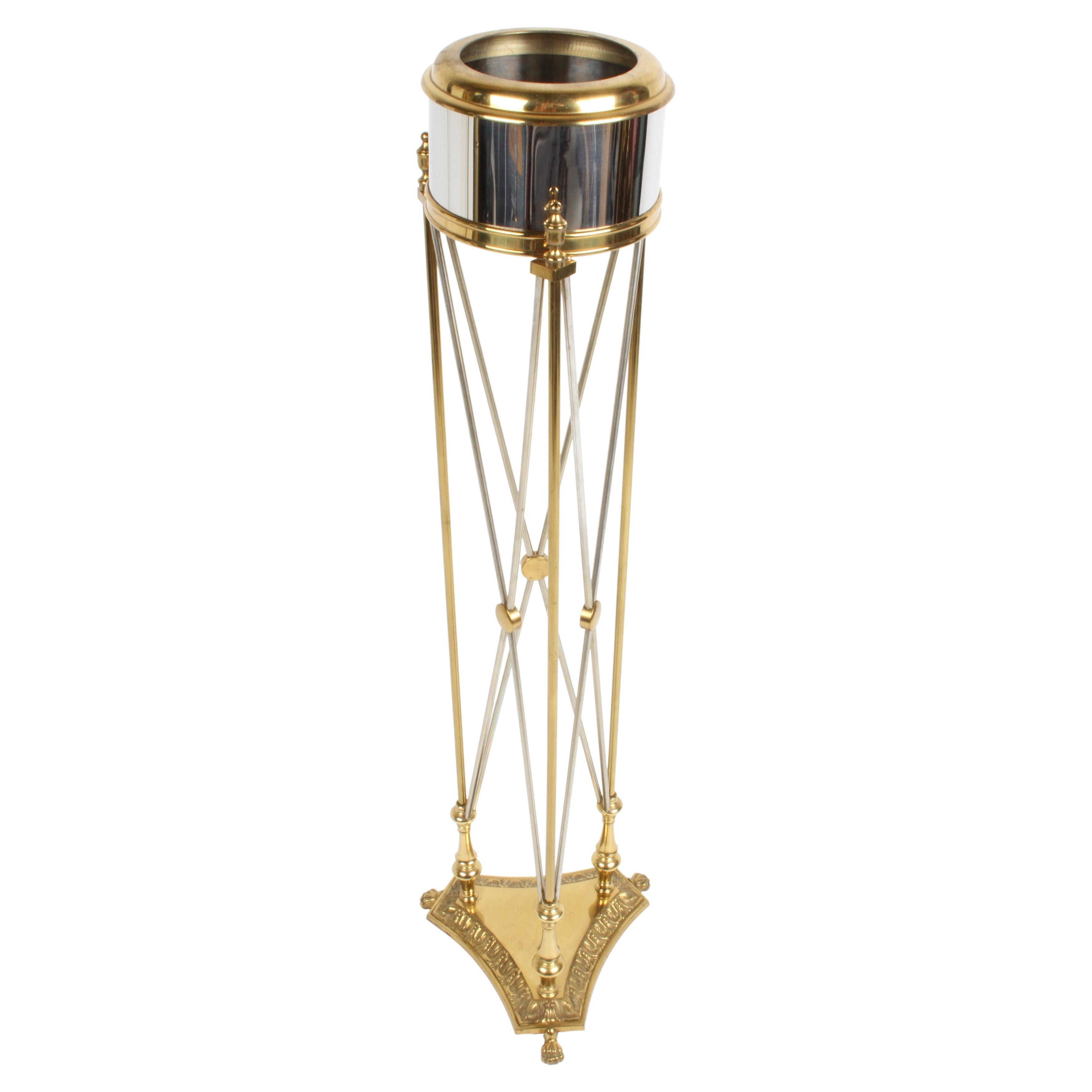 Maitland-Smith Empire Style Brass & Chrome Pedestal Jardinière Planter For Sale