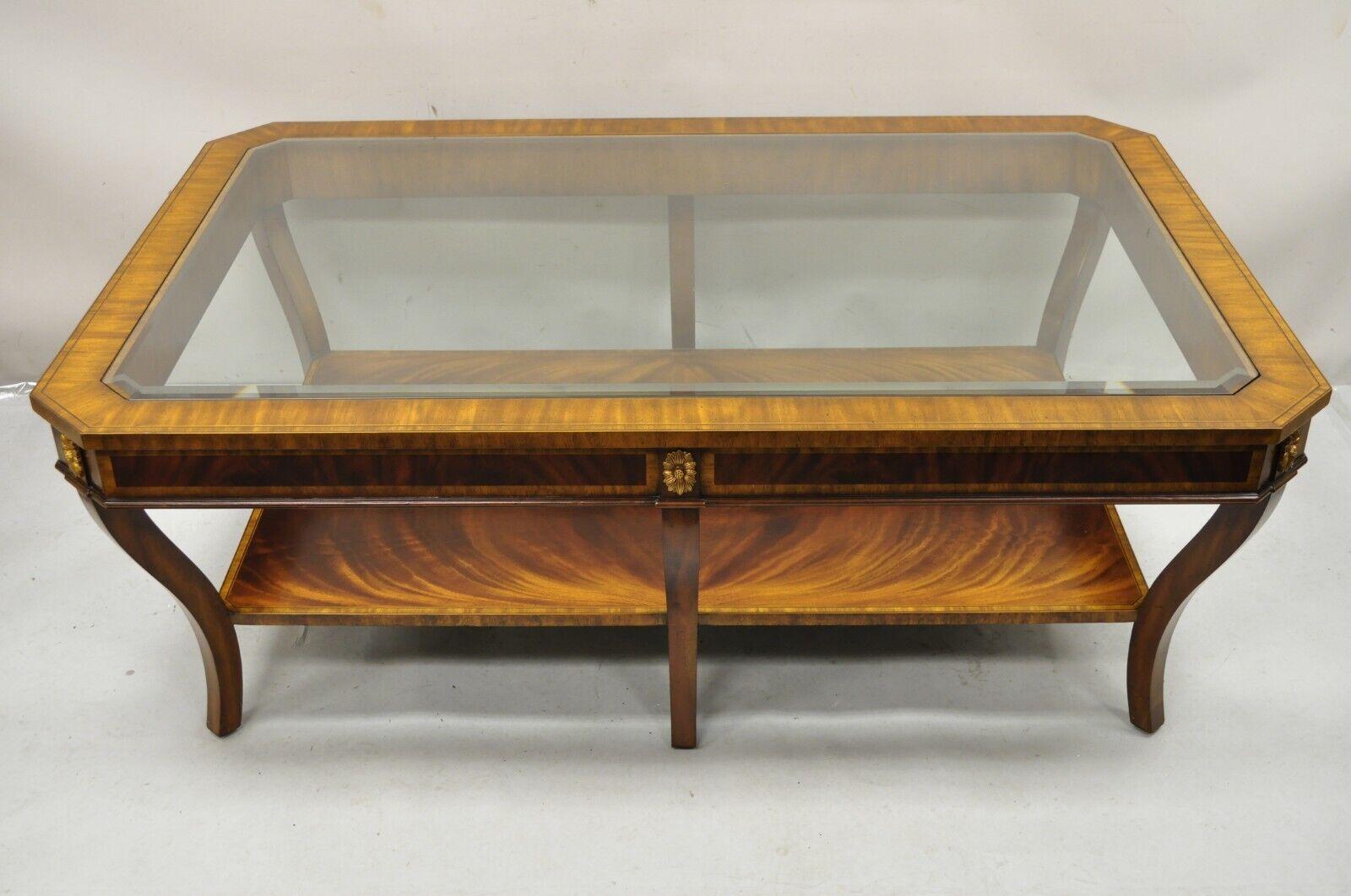 Maitland Smith Empire Style Large Banded Inlay Mahogany Glass Top Coffee Table For Sale 7