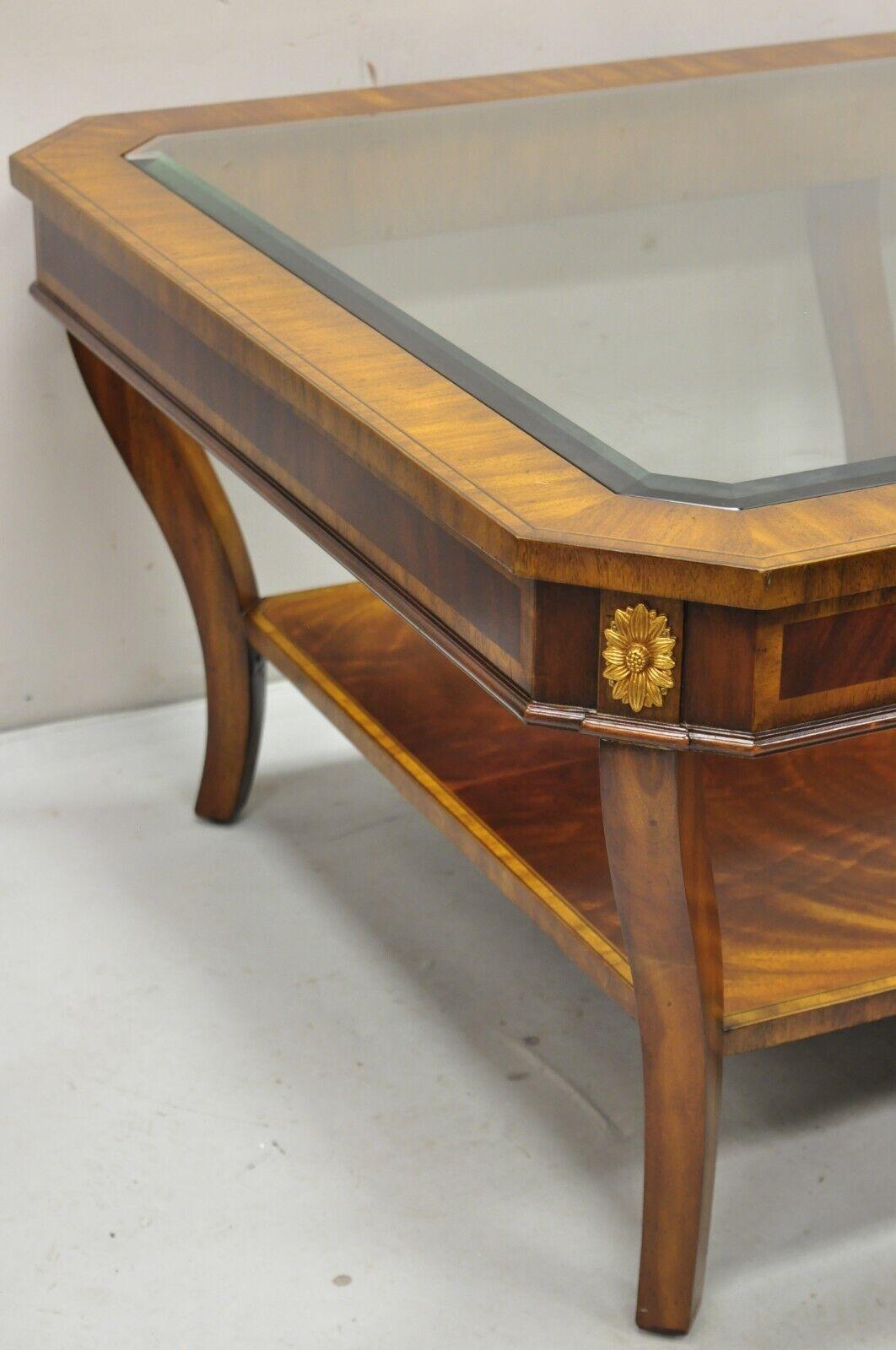 20th Century Maitland Smith Empire Style Large Banded Inlay Mahogany Glass Top Coffee Table For Sale