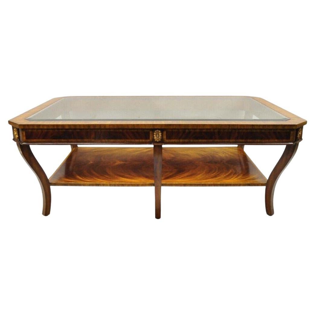 Maitland Smith Empire Style Large Banded Inlay Mahogany Glass Top Coffee Table For Sale